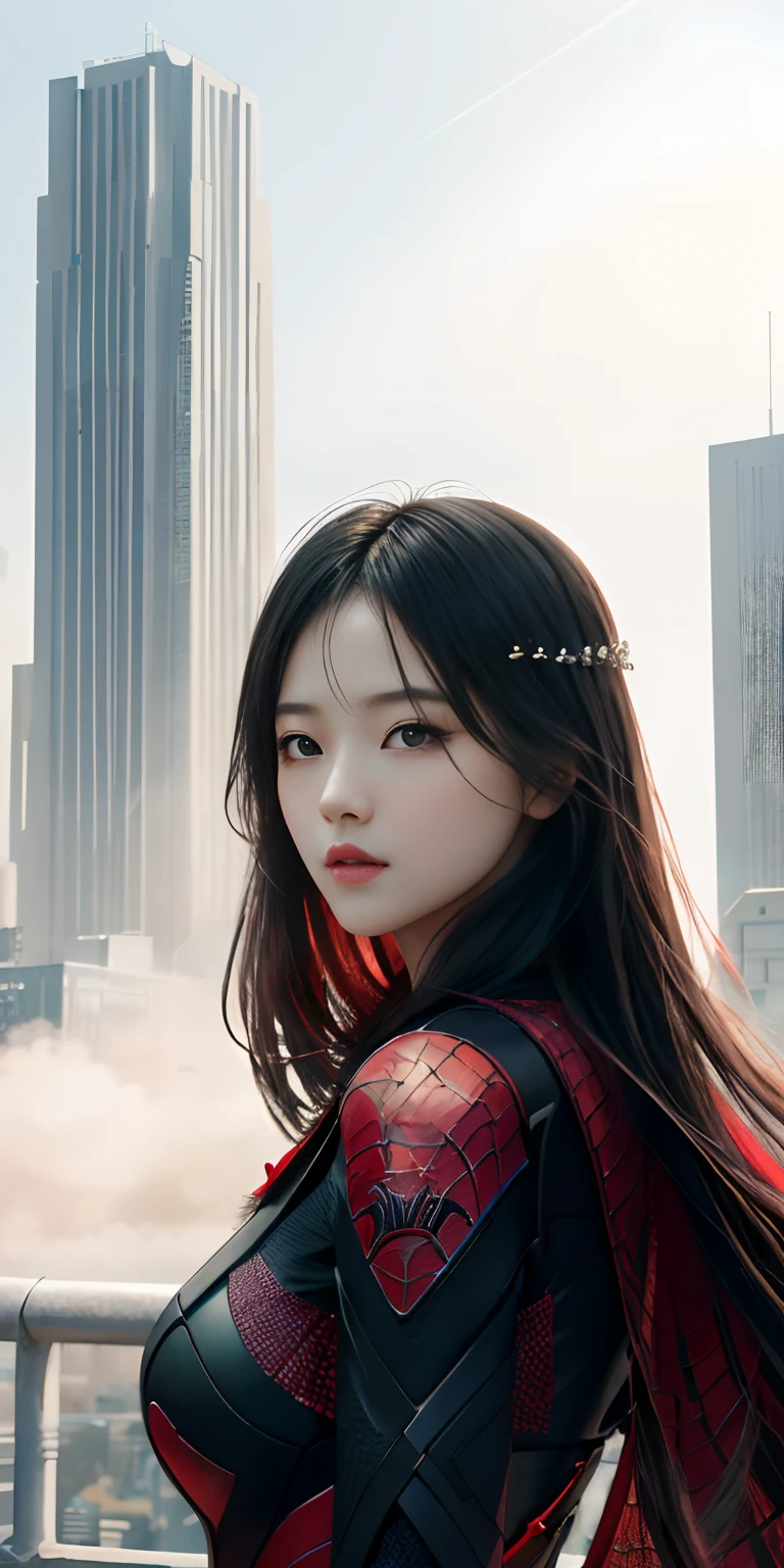 (1girl:1.3), 独奏, (((very vey very detailed face))),((very detailed eyes and faces))),beatiful detailed eyes,Body parts__,offcial art,Unified 8k wallpaper,ultra-detailliert,Beautiful and beautiful,big breasts beautiful,tmasterpiece,best qualtiy,primitive,tmasterpiece,ultra fine photos,best qualtiy,超高分辨率,photorealistic realism,rays of sunshine,full-body portraits,stunningly beautiful,,dynamicposes,delicated face,vibrant eyes,(from the front side), she is in a spider-man suit,Red and black color scheme,arachne,Very detailed city roof background, Roof,looking over city,详细的脸,detailed complex busy background,untidy,opulent,milkyW,highly detailedskin,Realistic details of skin,Visible pores,Clear focus,volume fog,8k uhd,digital SLR camera,high qulity,filmgrain,White skin of the,photo-realism,lomography,A huge metropolis of the dystopia of the future, semi transparent,Very big chest