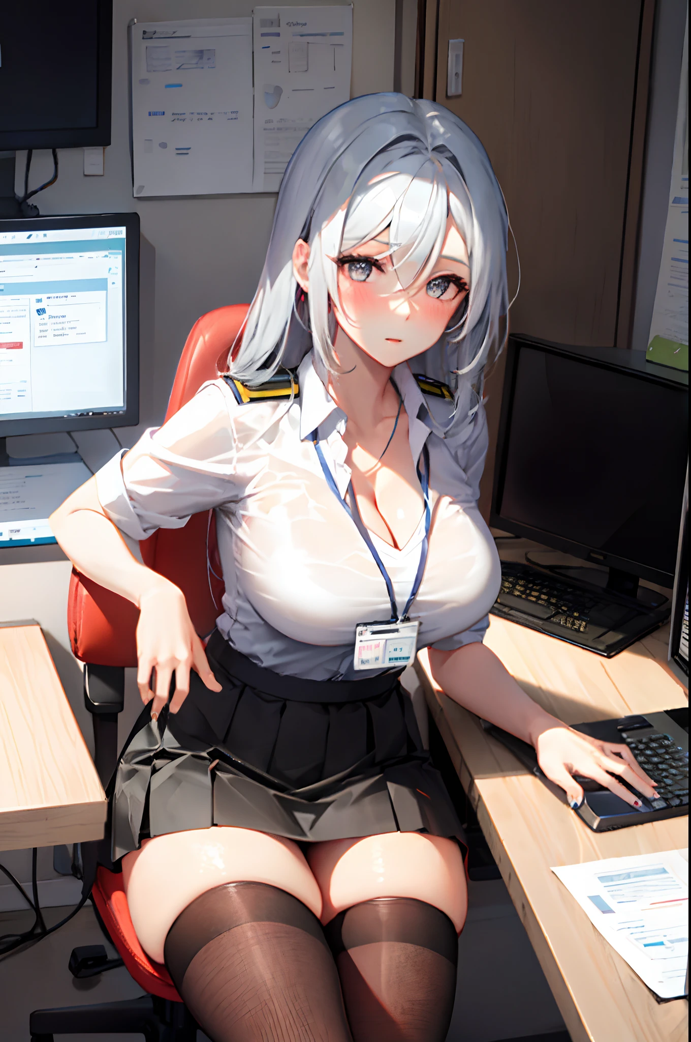 Shenhe, 1girl, solo, ((white shirt)), black thighhighs, breasts, cleavage, uniform, office background, black skirt, pleated skirt, office, hair between eyes, hair ornament, large breasts, long hair, looking at viewer, silver hair, braid hair, silver short nails, silver eyes, solo, thighhighs, thighs, very long hair, ((masterpiece)), sitting, chair, desk, computer on desk, name tag, id tag, indoor, blush, sexy pose,
