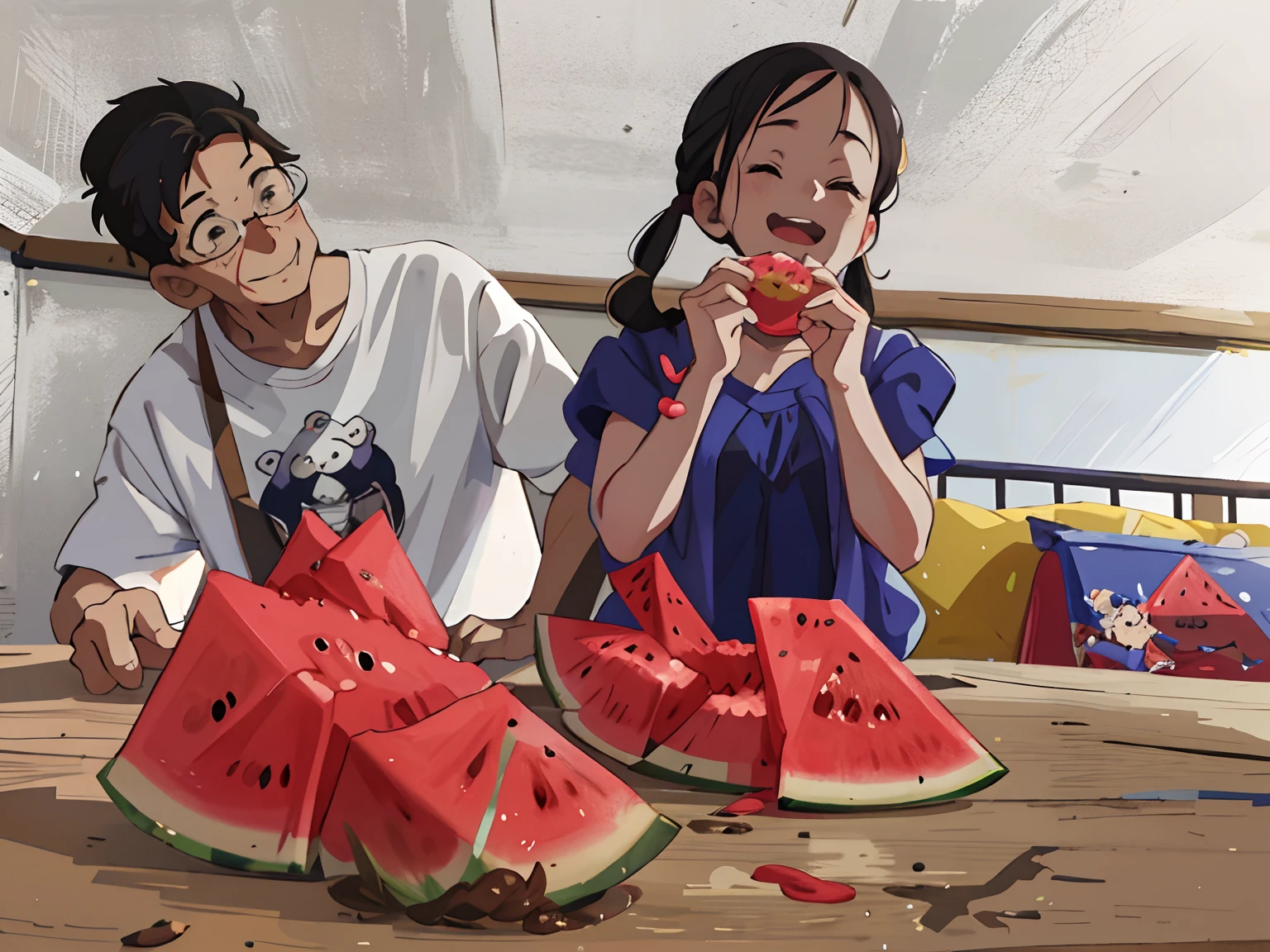 closeup cleavage，Grandpa watched his granddaughter eat watermelon，cheerfulness，blissful，Hayao Miyazaki anime style