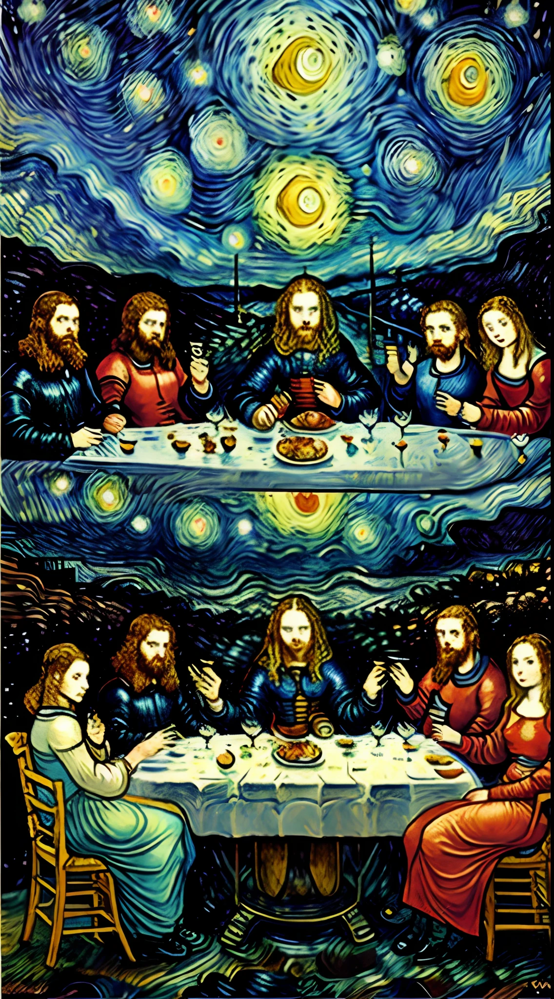 Combining Van Gogh's Starry Night painting with Da Vinci's Last Supper without any anime an chines people
