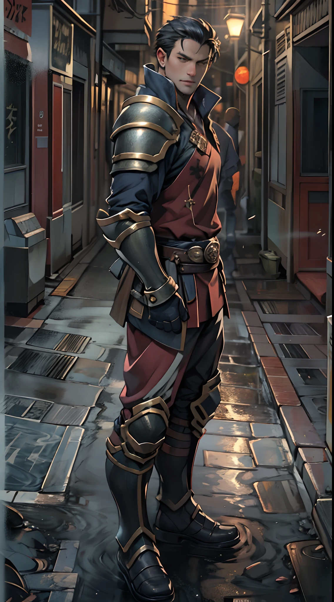 tmasterpiece，best qualityer，illustratio，Realisticstyle，photo realistic style，detail in face，offcial art，Movie lighting，1male people，full bodyesbian，Armour，obi strip，Gaiters，cloaks，Drenched，Get wet， Solo ，Handsome，virile，Handsome，[[[［musculature］，Short hair，Yellow eyes，look from down