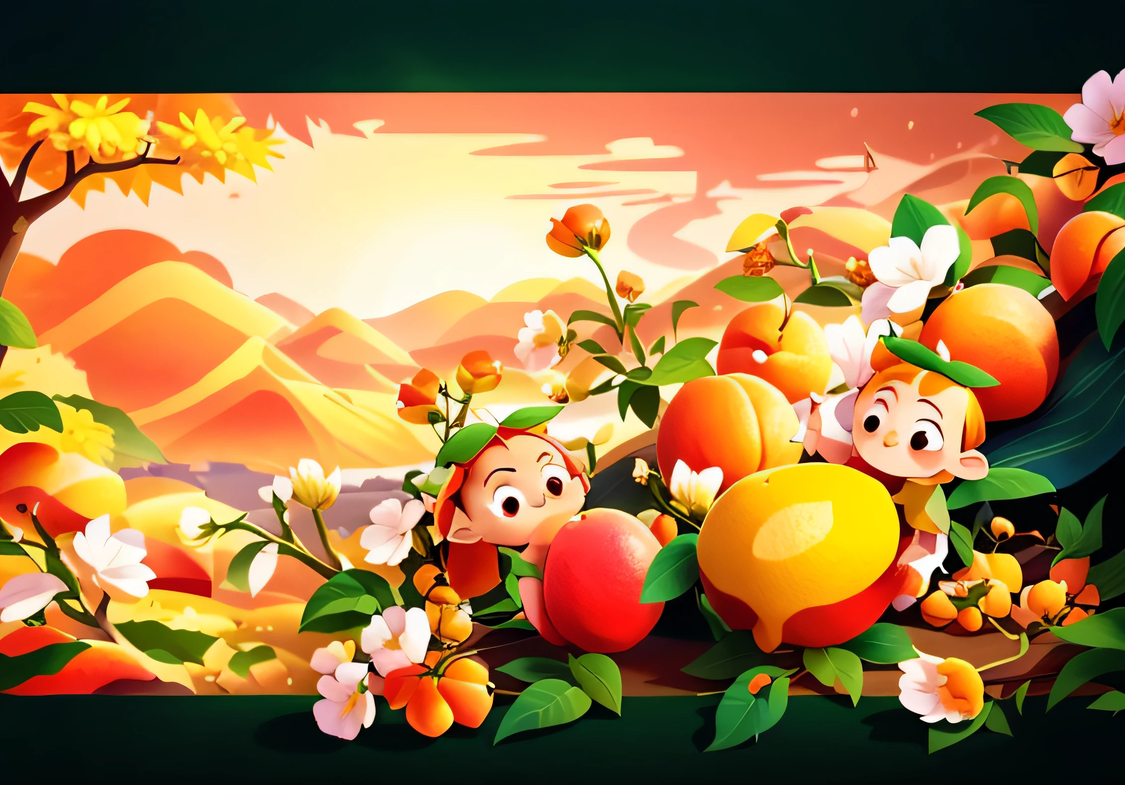 The elf holds the fruit apricot,Among the apricot trees,Yamakawa background