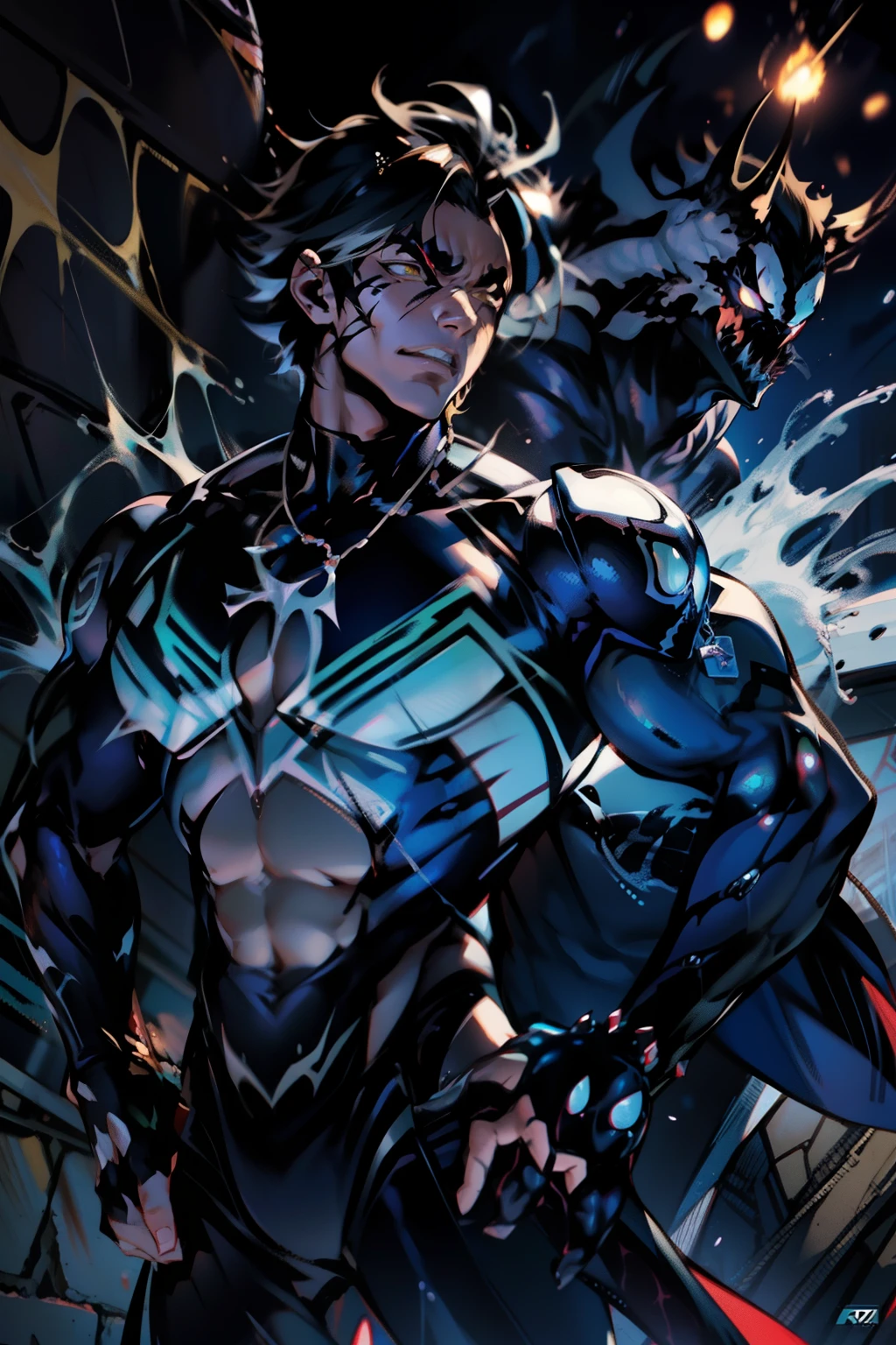《the original god》Arataki Kazuto , male people, chest muscle, Sexy , Venom symbiote for your body, Black mucus of the body , into venom, venomize,Black bodysuit,(Cloak),Red cape,Abs,(Adult male)((Venom possession,venom symbiote)),over-Tortoise Man,Battle damage,((Masterpiece)), ((Best quality)), Ultra detailed,((illustration)), Dynamic Angle, Detailed light, (Delicate eyes), Floating, 1boy, Male focus, Head, Clothing, Yellow eyes, necklace, tattoo, (Forehead:0.8), (ahoge:0.8), jewelry, brunette color hair,apathy,Ray, chest muscle, Sexy , Venom symbiote for your body, Black mucus of the body , (into venom), Venom,frontage,Bust photo,White tight-fitting top,spiderman outfit,style of anime4 K, 4K anime wallpaper, Badass anime 8 K, 4 k comic wallpaper, young anime man, Anime boys, Anime wallpapers 4 k, Anime wallpaper 4K, High quality anime art style, Anime moe art style, Anime art wallpaper 8 K, Anime art wallpaper 4 K, RGB lighting,