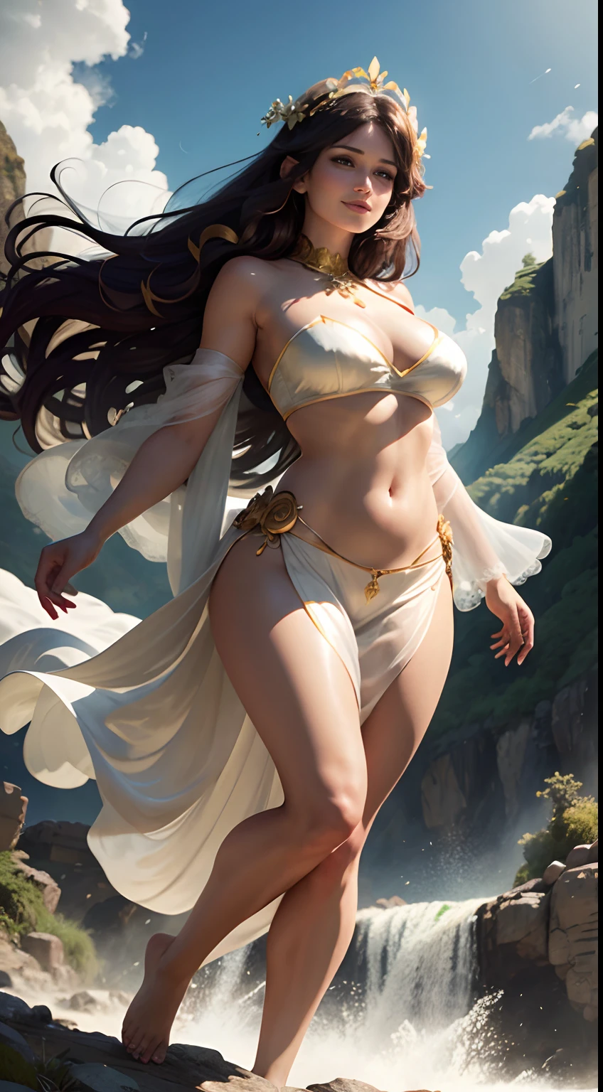 Gemma Arterton as a fairy, floating in mid air, beside a waterfall, large breasts, wide hips, flowers in hand, dark brown long hair, beautiful, one hand raised, wearing a white silk strapless bra and a transparent full sarees, wearing heavy gold ornaments, big smile, full body, mountains in background,  full light on face, photorealistic, High resolution