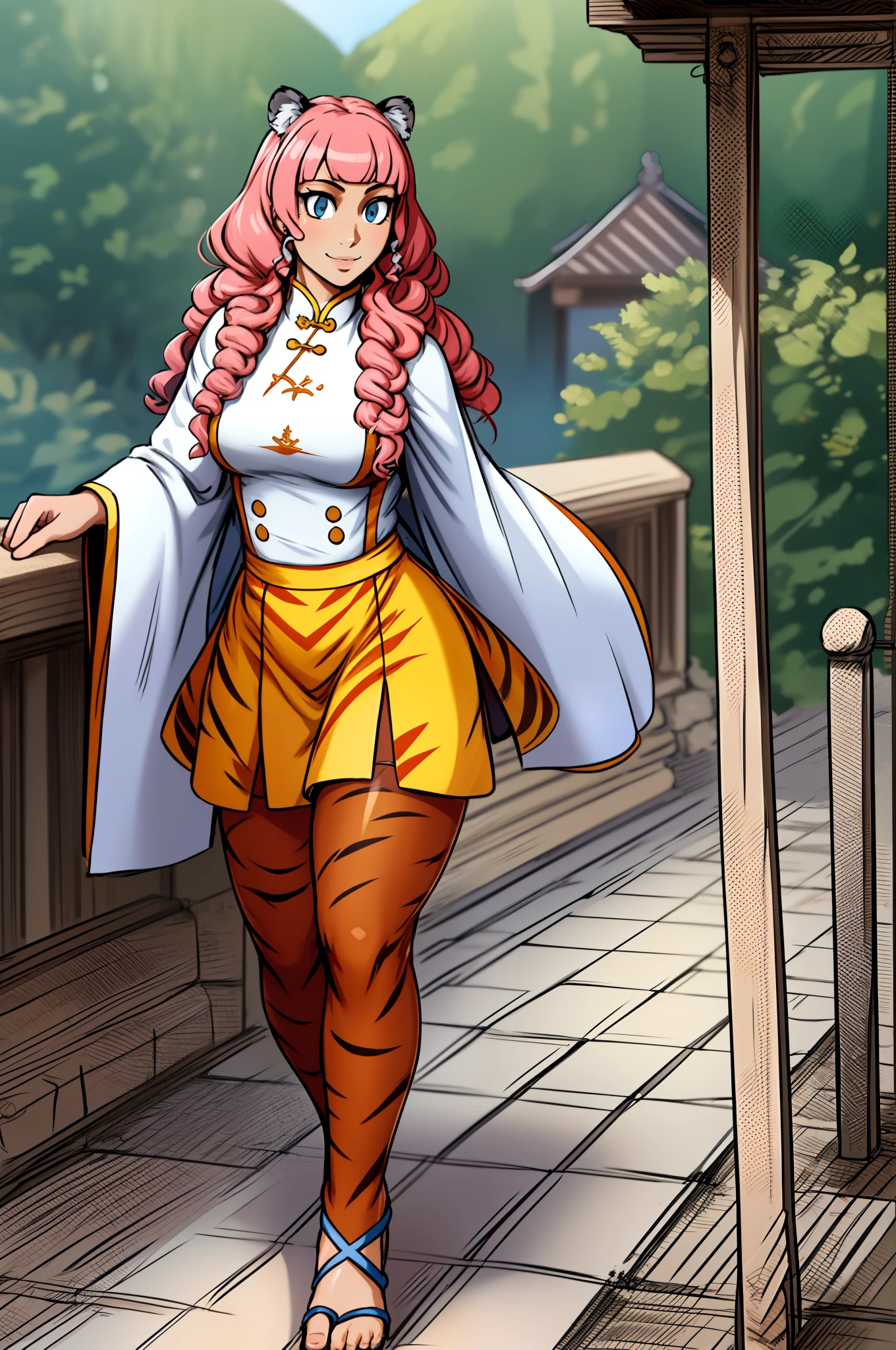 Caomei ,, oreilles de tigre, queues de tigre, Art martial, poitrine moyenne, cheveux roses, jupe, gilet, goddess,1fille,manteau,marche, mise au point solo.1personnage, sainte montagne catholique,, goddess, fantaisie, Jupe longue, sourire, suffisant, cheveux roses, seul, corps entier, oreilles de tigre, modeste; Tissus traditionnels chinois, walking, flip flops, tiger ears, pink hair