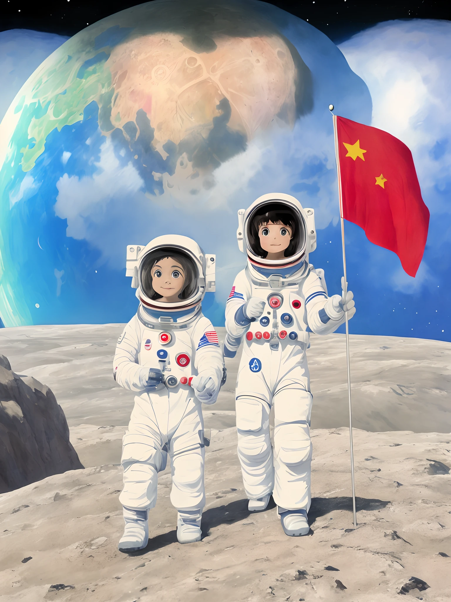 Two  in spacesuits holding flags and flagpoles, Boy on the left，Girl on the right，ssmile，Fine face，small astronauts, wear spacesuits, wearing astronaut outfit, lunar themed attire, 💣 💥, wearing spacesuit, The astronaut, Climb the moon, wearing a spacesuit and helmet, on moon,Earth background，astronauts waving hello, astronaut suits, space suit，Cute Miyazaki painting style