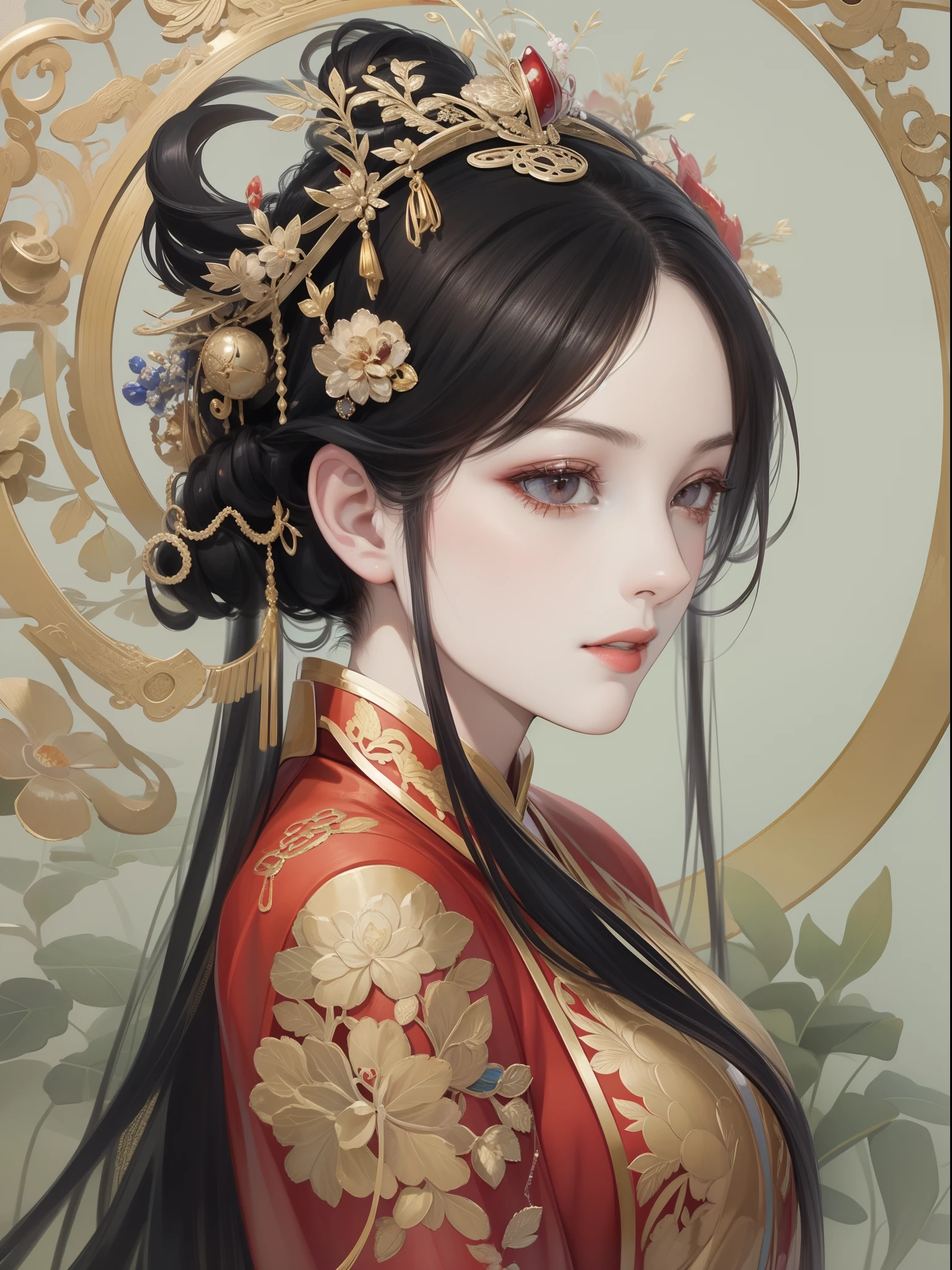 A beautiful girl in ancient China，The facial features are delicate and fair，Cool temperament，Red clothes，Black hair coiled into a bun，Over-ear joystick，Chinese Song Dynasty clothing，Red-gold pattern case maxi dress，Long black hair，A gold coat on his head, He shook as he walked，rays of sunshine，Clear face，tmasterpiece，ultra - detailed，Epic composition，high qulity，HighestQuali，The main color is red，Background background simple element。Bust，Back shadow。Invisible hands，No hands。