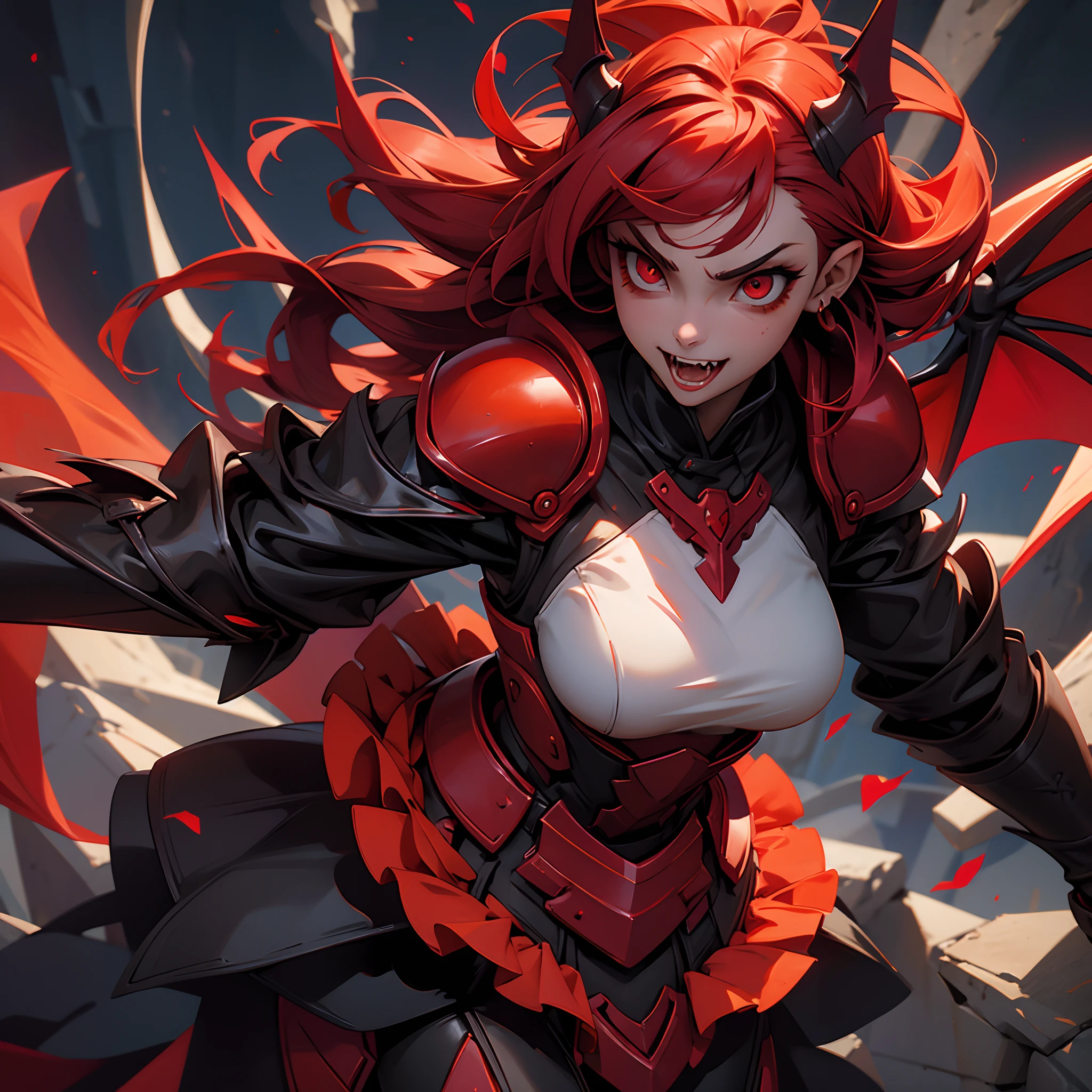Vampyr anime girl, mouth full of fangs, red vampire armor, red and orange bat-like wings, best quality, masterpiece