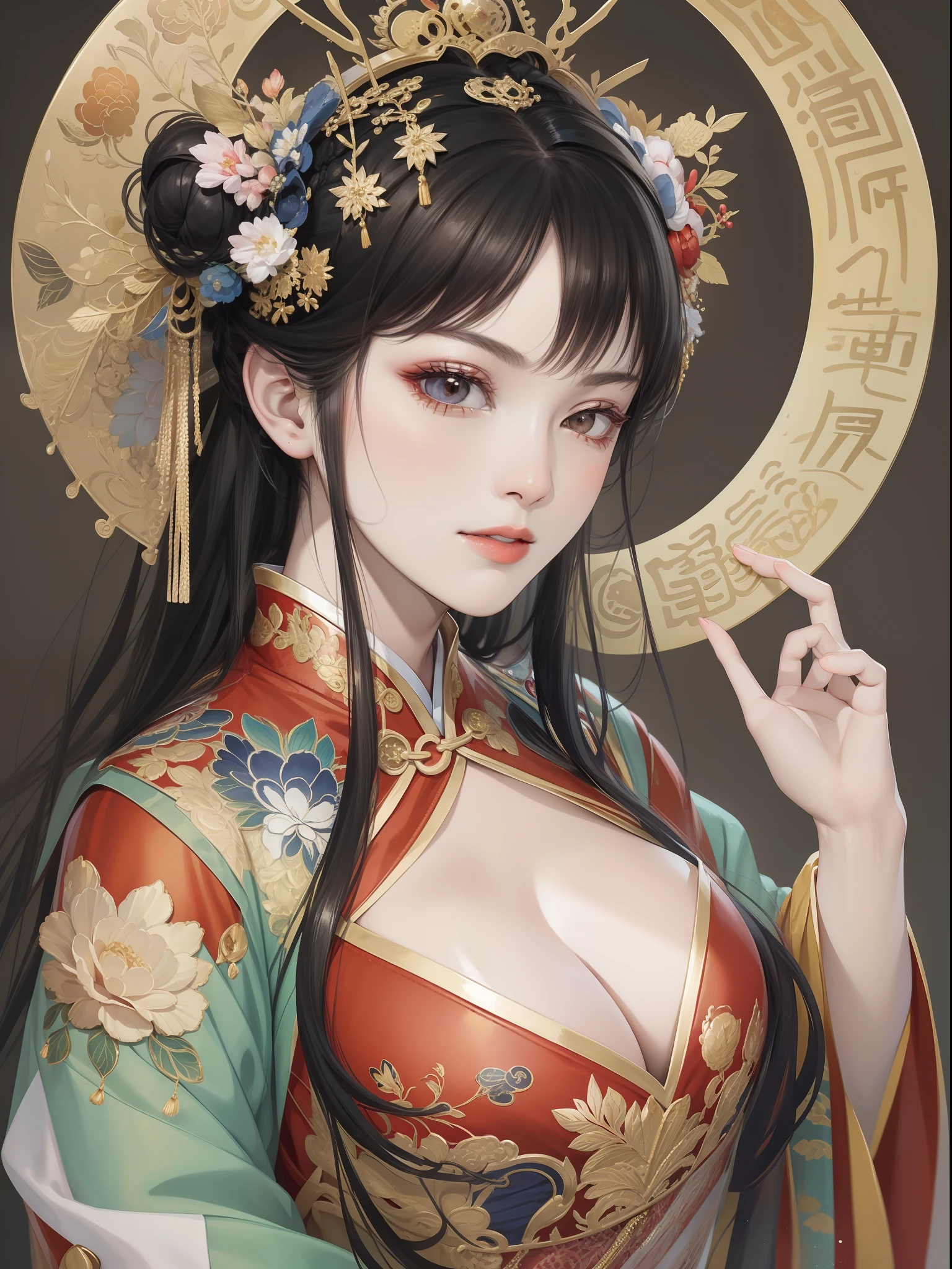 A beautiful girl in ancient China，The facial features are delicate and fair，Cool temperament，Red clothes，Black hair coiled into a bun，Over-ear joystick，Chinese Song Dynasty clothing，Red-gold pattern case maxi dress，Long black hair，A gold coat on his head, He shook as he walked，rays of sunshine，Clear face，tmasterpiece，ultra - detailed，Epic composition，high qulity，HighestQuali，The main color is red，Background background simple element。Bust，Back shadow。Invisible hands，No hands。