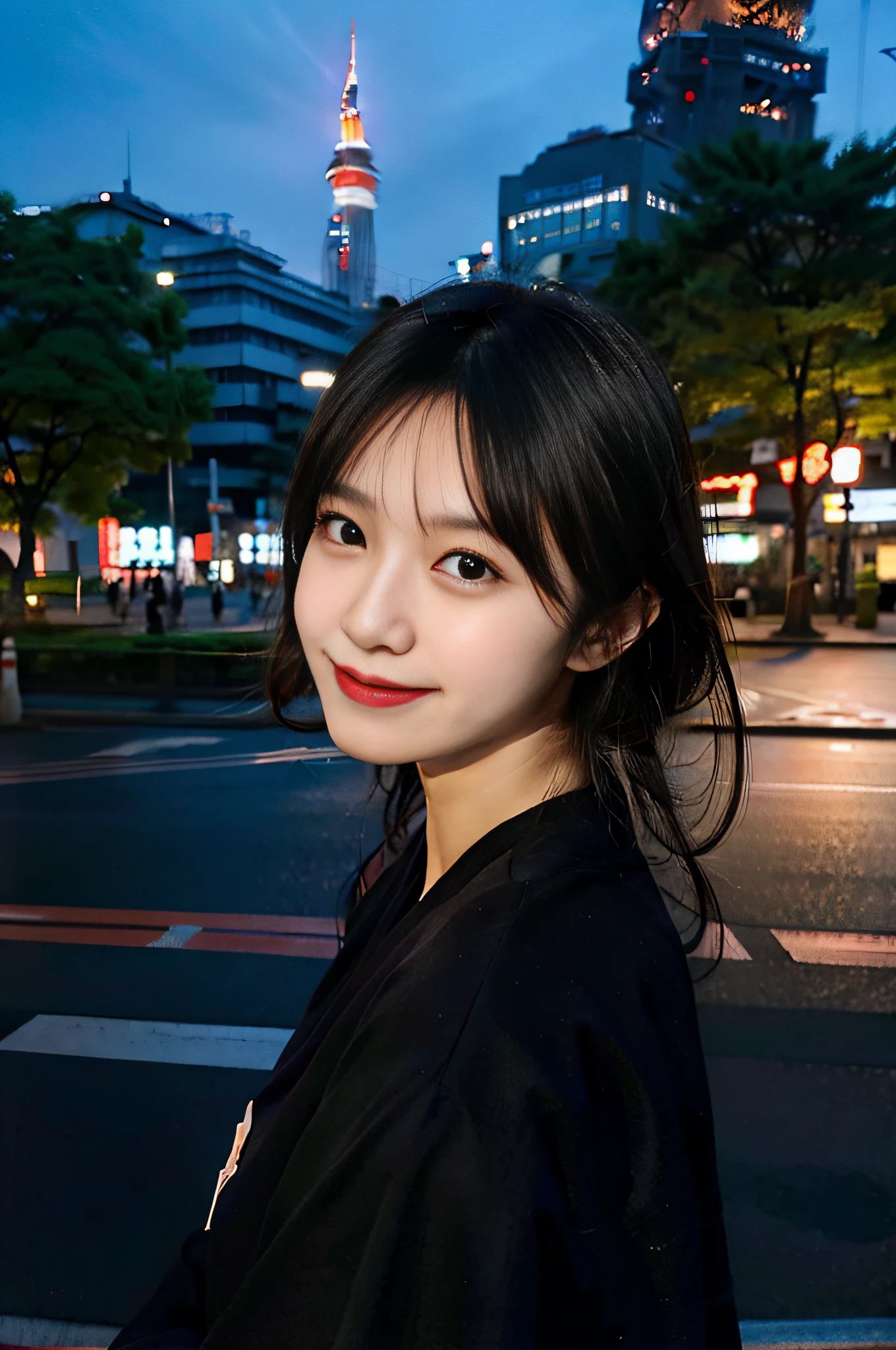 With Tokyo Tower in the background、Korean-style with black hair、Smiling beauty
