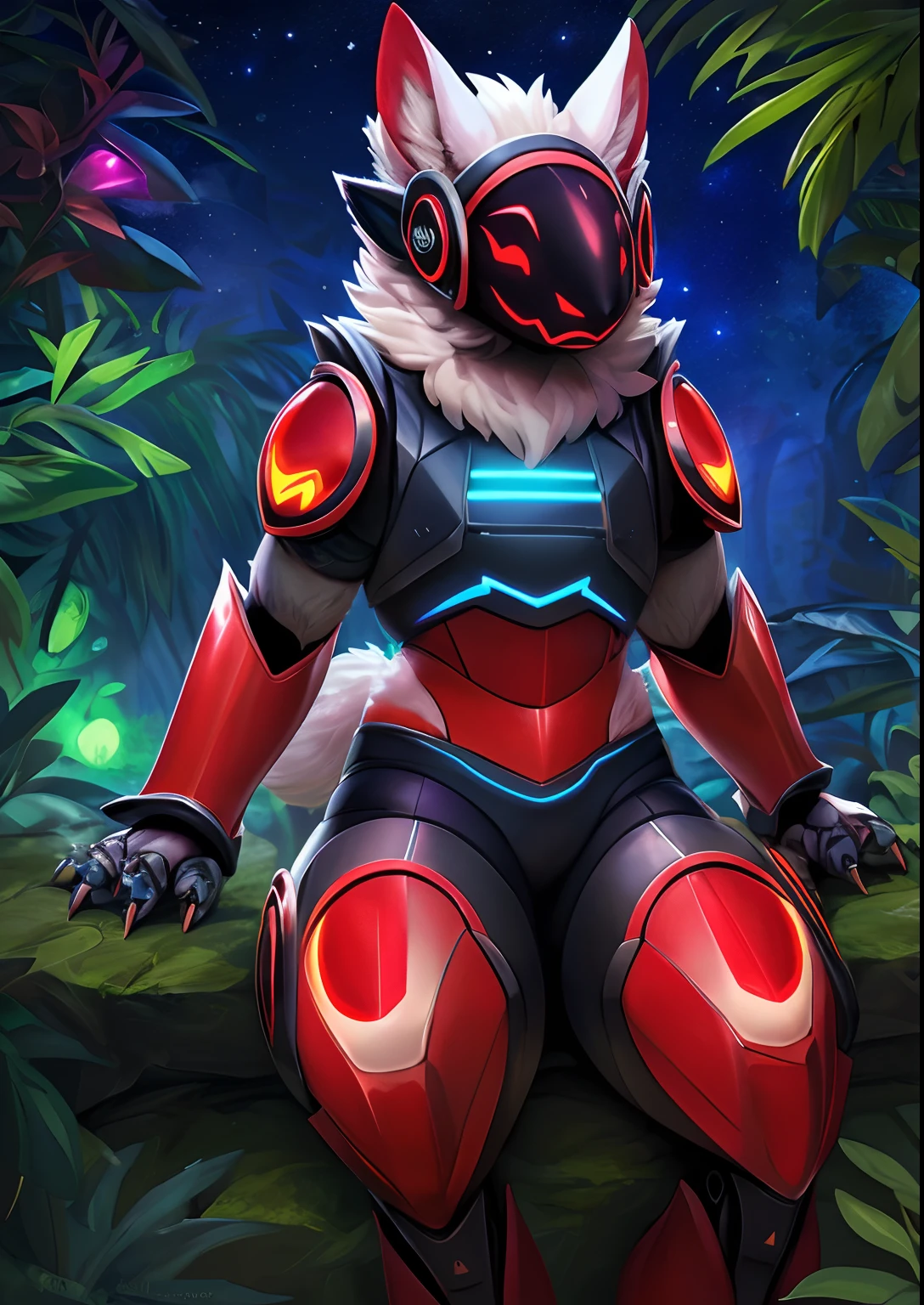 uploaded on e621, by Slugbox, by Marco Mazzoni, by Alfred Thompson Bricher, solo female (((Crimson Red cybernetics robot protogen))) with (((protogen display head))) and (fluffy ears) and (neck tuft) and (claws) and ((clear indigo eyes)), ((full-length portrait)), BREAK, (detailed Colin Campbell Cooper anthro [robot] protogen), (detailed Bonifasko lighting), (detailed fur), (detailed skin), BREAK, ((sitting at rainforest on starry night)), (cinematic lighting), ((detailed background)), ((looking at viewer)), (((front view))), (((fluffy))), (half body shadow), [backlighting], [crepuscular ray], [detailed ambient light], [gray natural lighting], [ambient light on the belly], (higher wildlife feral detail), [realistic proportions], [explict content], [sharp focus], (questionable content), (shaded), ((masterpiece)), BREAK