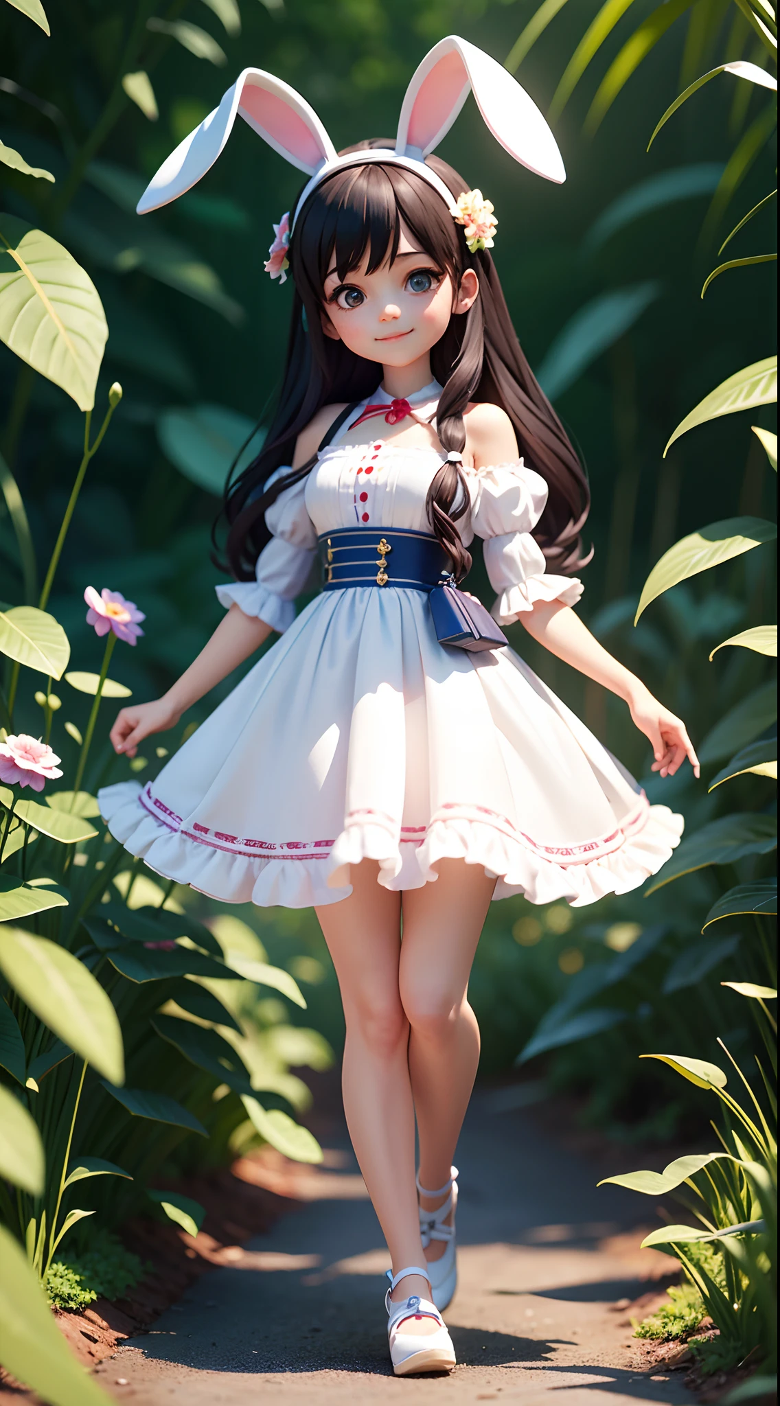 (Masterpiece), (Best Quality), (Ultra Detailed), (Full Body:1.2), (One Girl) Super Cute, White Rabbit Ears, Black Hair, Pixar, Big Bright Eyes, Fluffy, Smile, Delicate and Fine, Fairy Tale, Incredibly High Detail, Pixar Style, Bright Color Palette, Natural Light, Simple Backgrounds of Pure Colors, Octane Rendering, Trending on Artstation, Gorgeous, ultra wide-angle, 8k, HD, realistic