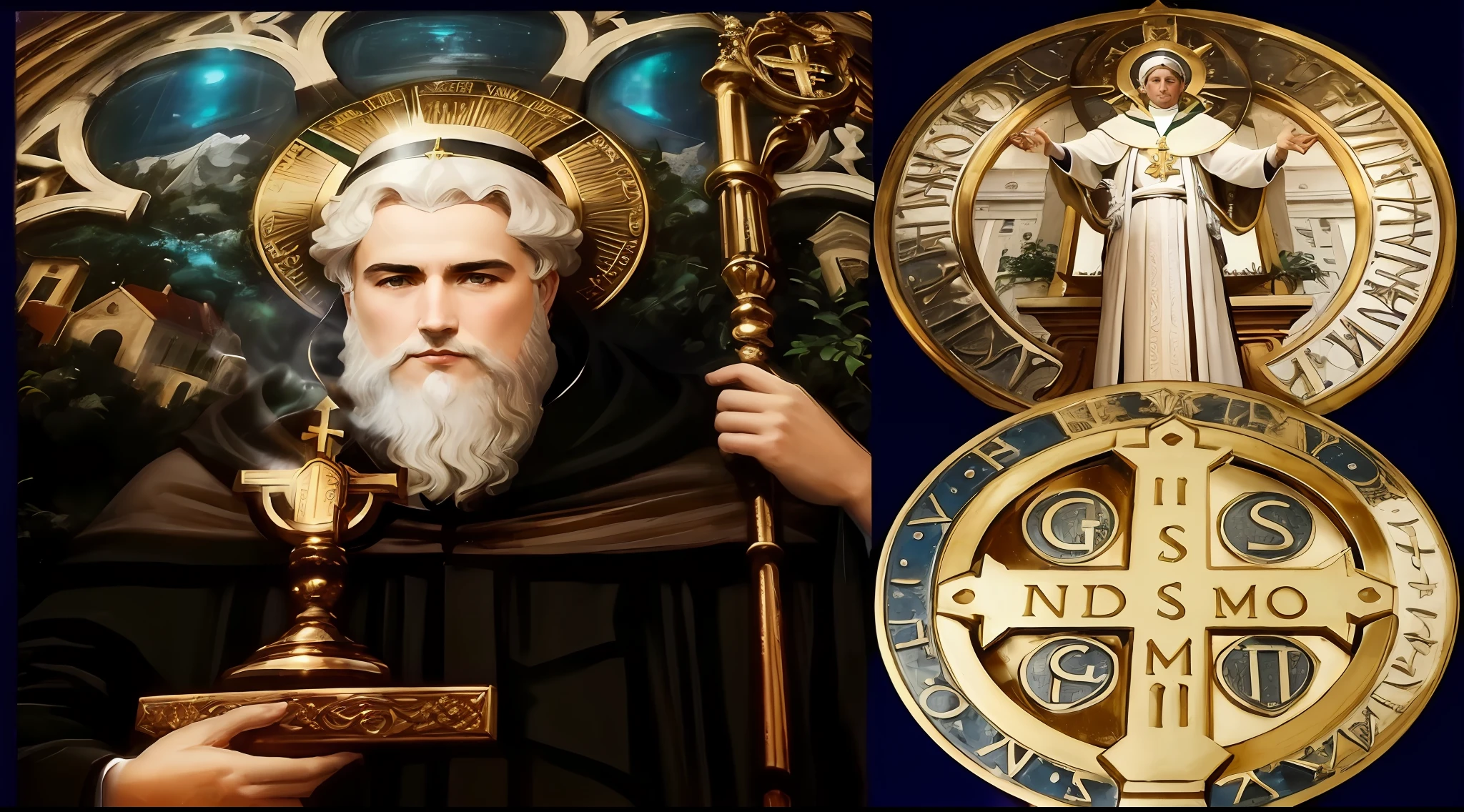 um close up de um vitral com a foto de um homem segurando uma cruz, inspirado em Ed Benedict, inspired by Thomas Aquinas Daly, christian saint, inspirado no Mestre de Saint Giles, Directed by: Thomas Aquinas Daly, santo, christian saint rosace, santo, Hermes Trismegisto;, inspirado em Taddeo Gaddi