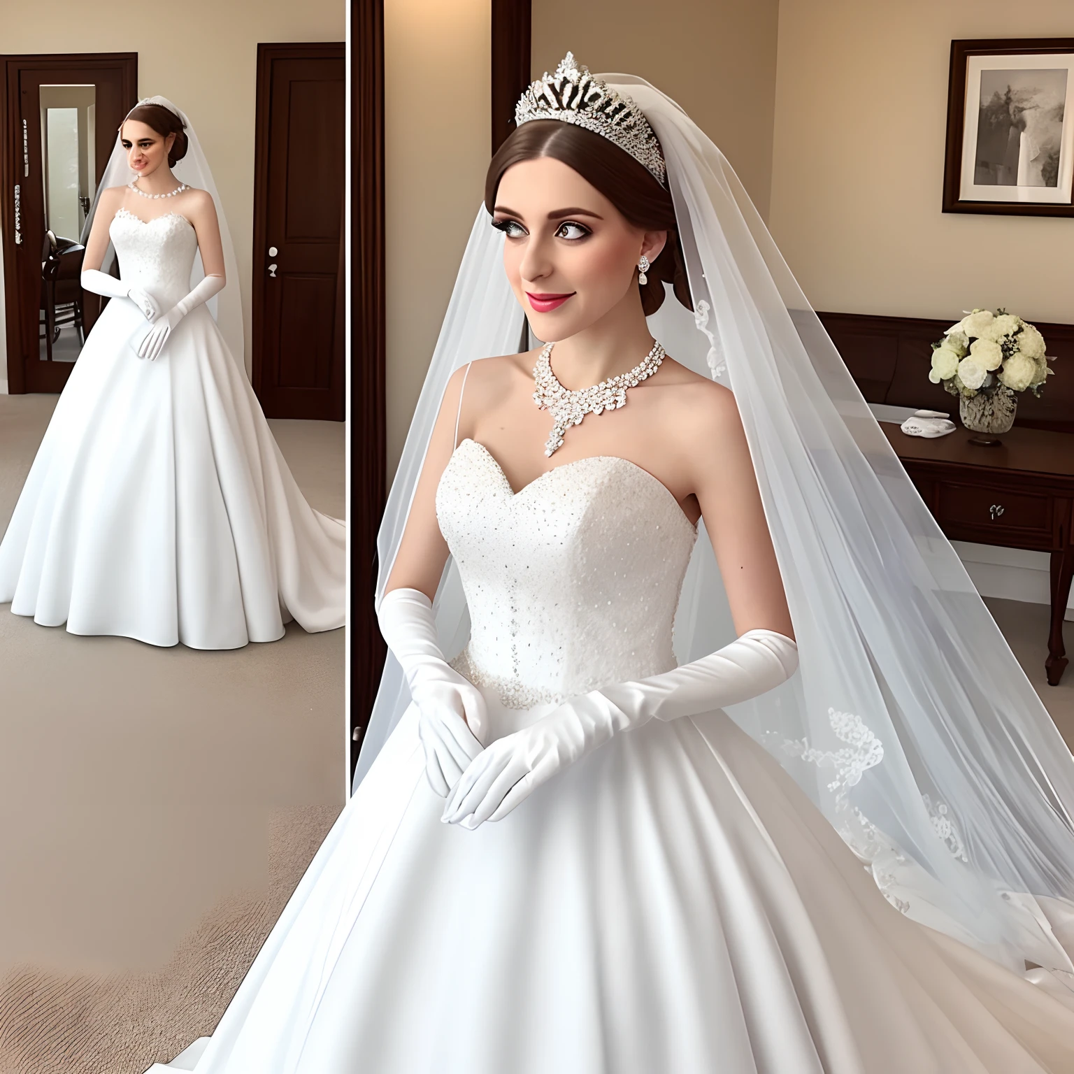 White fishtail wedding dress,white long gloves,Mop the veil,Exquisite crown,Diamond earrings,pearls necklace,Diamond ring,diamond bracelet,Beautiful girl,largeeyes,tall nose bridge,little mouth,S-shaped body