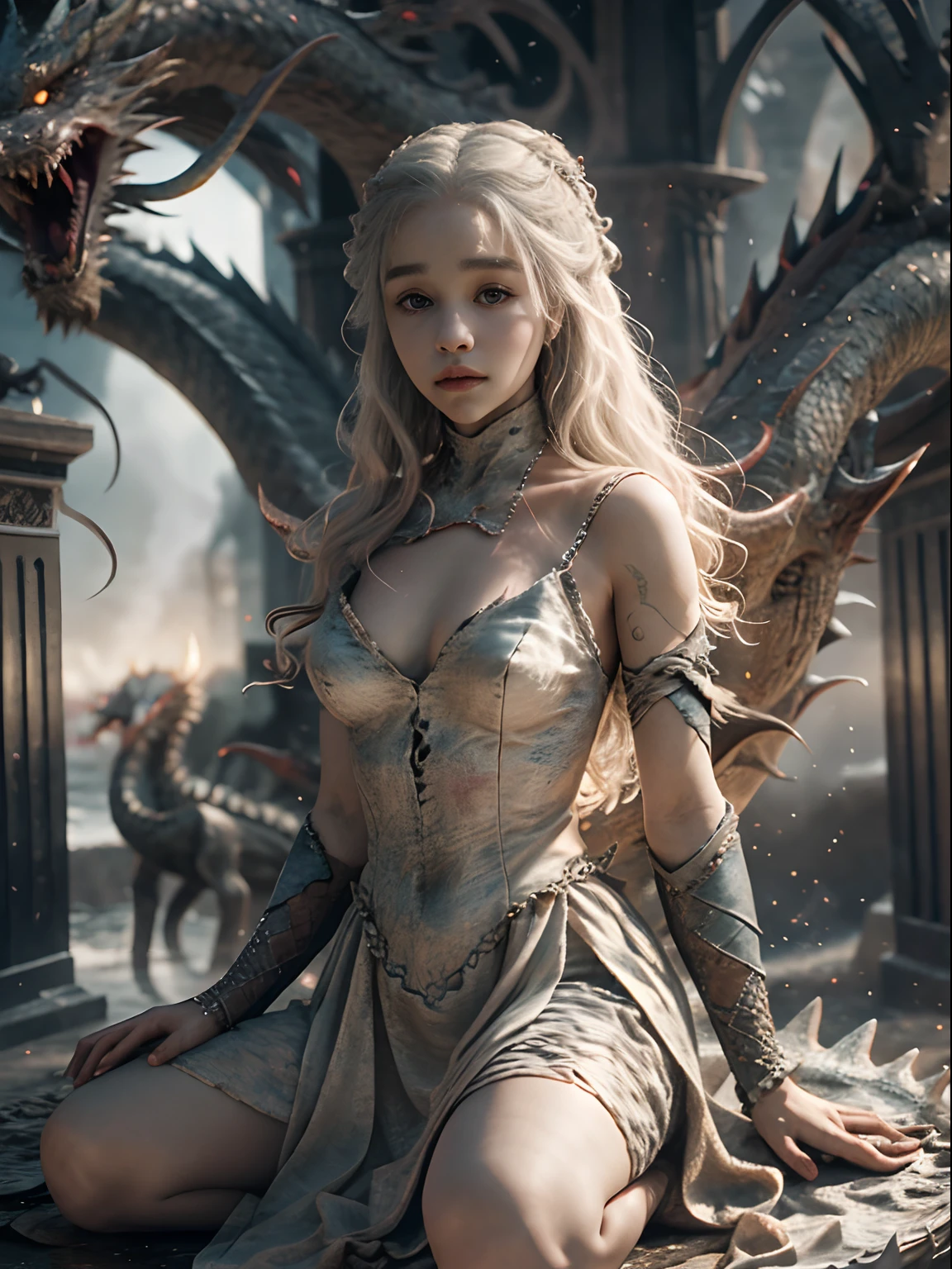 Game of Thrones heroine，Daenerys Targaryen，Dragon_Real，（Very detailed CG unity 8K wallpaper，tmasterpiece，best qualtiy，ultra - detailed，beatiful detailed eyes：1.2），best illuminate，（The best shadow，Extremely refined and beautiful，full bloom），The girl is surrounded by dragons，（1girll：1.4），nedium breasts，独奏，full bodyesbian，tattooed back，white dresses，（Colorful dragon：1.4），naked leg，long  skirt，