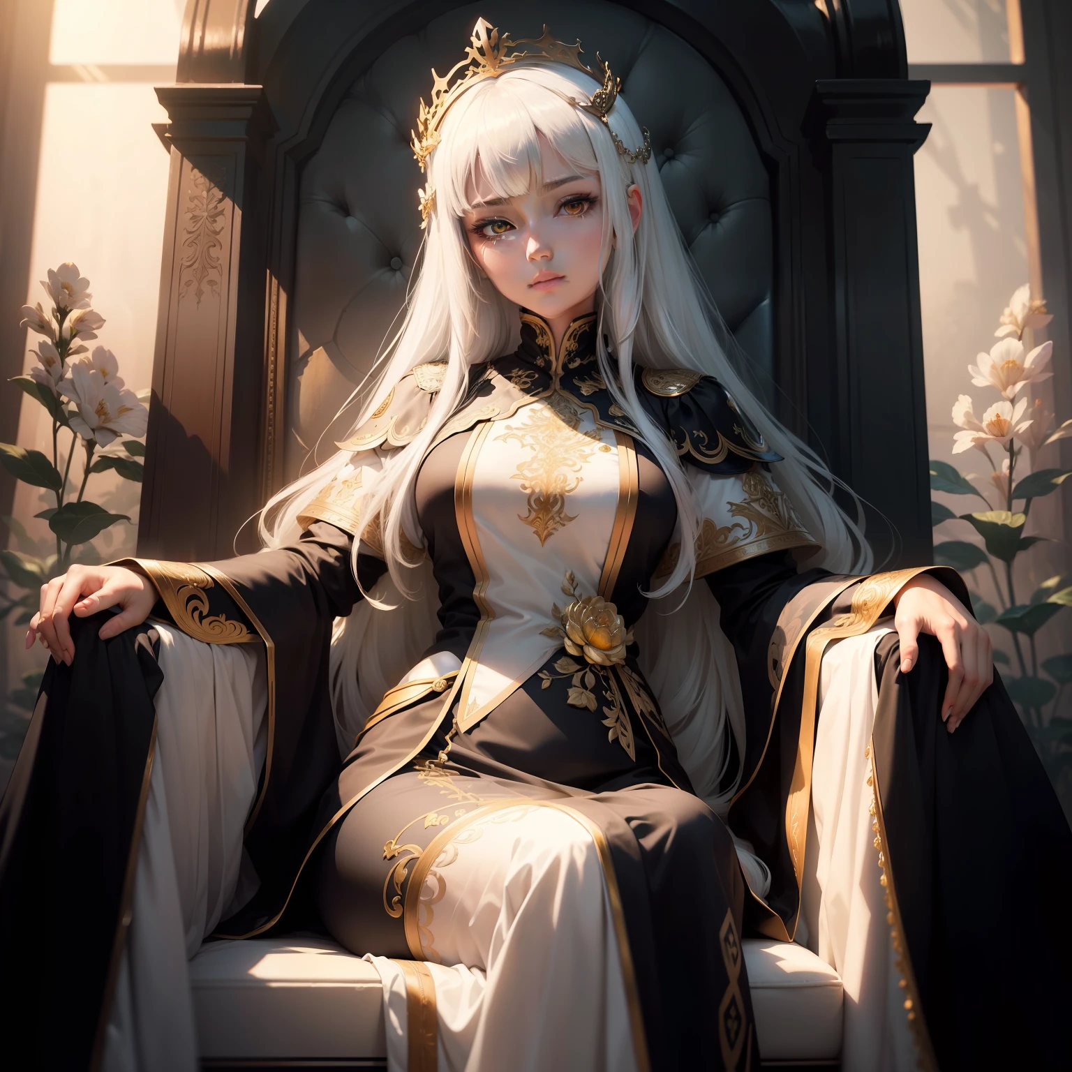 (Masterpiece:1.2), best quality, (illustration:1.2), (ultra-detailed), hyper details, (delicate detailed), (intricate details), (cinematic light, best quality Backlights), clear line, from below, soloist, perfect body, (1girl), white hair and yellow eyes, (emperor, black see-through clothes), (crown: 1.1), sitting on the throne, eyes slightly closed, head down, (shy: 1.2 ), (makeup), high contrast, (best illumination, an extremely create and beautiful), (cinematic light), colorful,