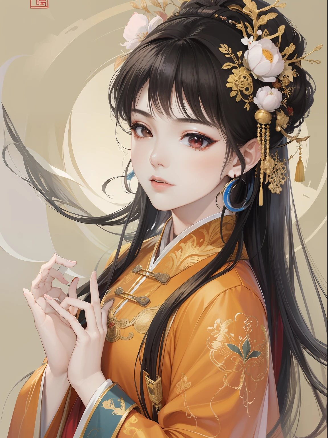A beautiful girl in ancient China,The facial features are delicate and fair,Cool temperament,Red clothes,Black hair coiled into a bun,Wears a gold coat on his head,Chinese Song Dynasty clothing,Red gold maxi dress,Long black hair, rays of sunshine,Clear face,tmasterpiece,ultra - detailed,Epic composition,high qulity,HighestQuali,The main color is red,Background background simple element。a sense of atmosphere,ellegance,Invisible hands,No hands。