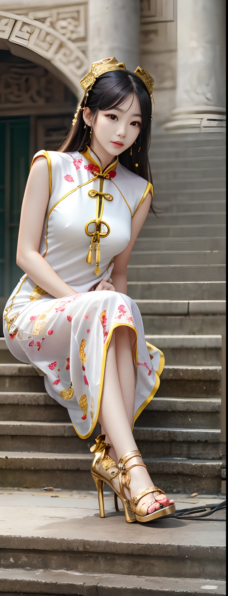 White cheongsam girl,Extremely long legs,Gold-tone trimmed leg rings,Sitting on the stone steps next to the ancient street