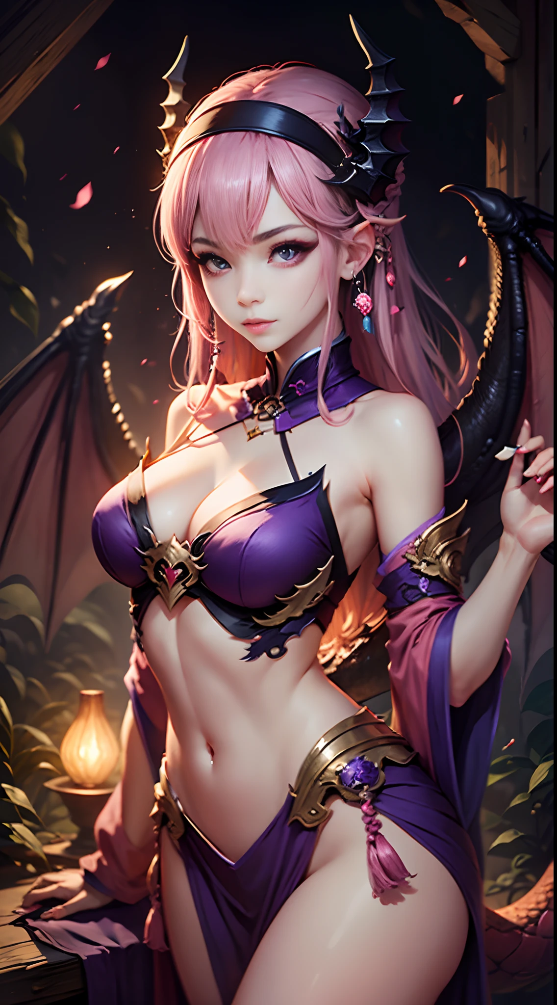 remote, primitive,Beautiful woman face, Pink hair, Purple eyes, Cute, Headband,Opened dragon wings