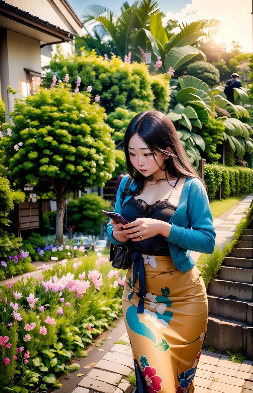 A pretty girl looking at phone screen in the C streets of Japan