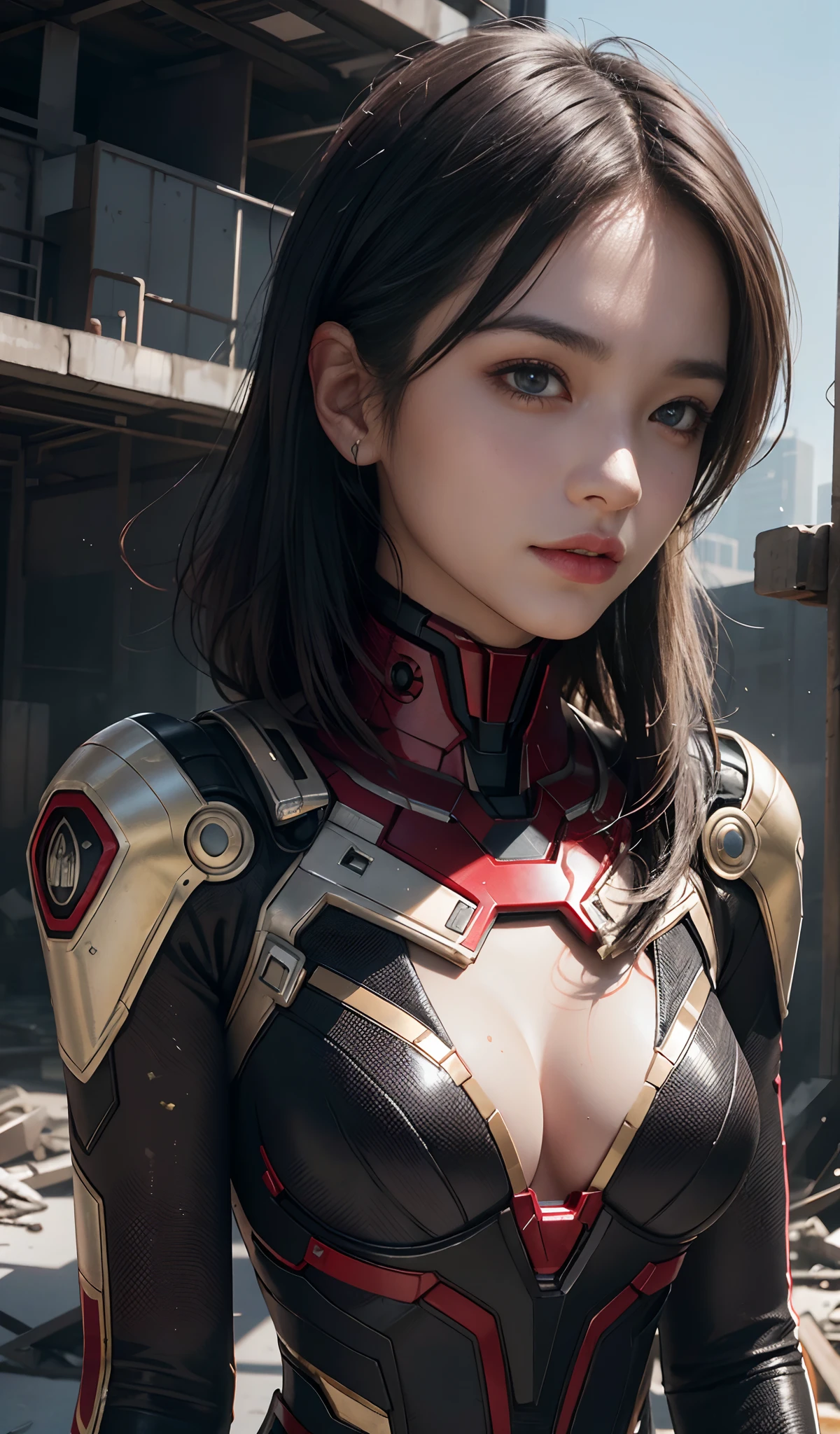primitive,tmasterpiece,ultra fine photos,with short black hair,cleavage,looks into camera,ssmile,Be red in the face,sportrait,Bust photo,best qualtiy,超高分辨率,Photoreality,rays of sunshine,full-body portraits,stunningly beautiful,,dynamicposes,delicated face,Vibrant eyes,(seen from the side),She wears a futuristic Iron Man mech,Black and gold color scheme,Very detailed abandoned warehouse background,detailed face with,Detailed and complex busy background,Untidy,opulent,milkyW,Highly detailed skin,Realistic details of skin,Visible Pore,tack sharp focus,volume fog,8K UHD,digital SLR camera,high qulity,filmgrain,White skin of the,photo-realism,DL,Huge metropolis in a dystopia of the future , look from down, semi transparent