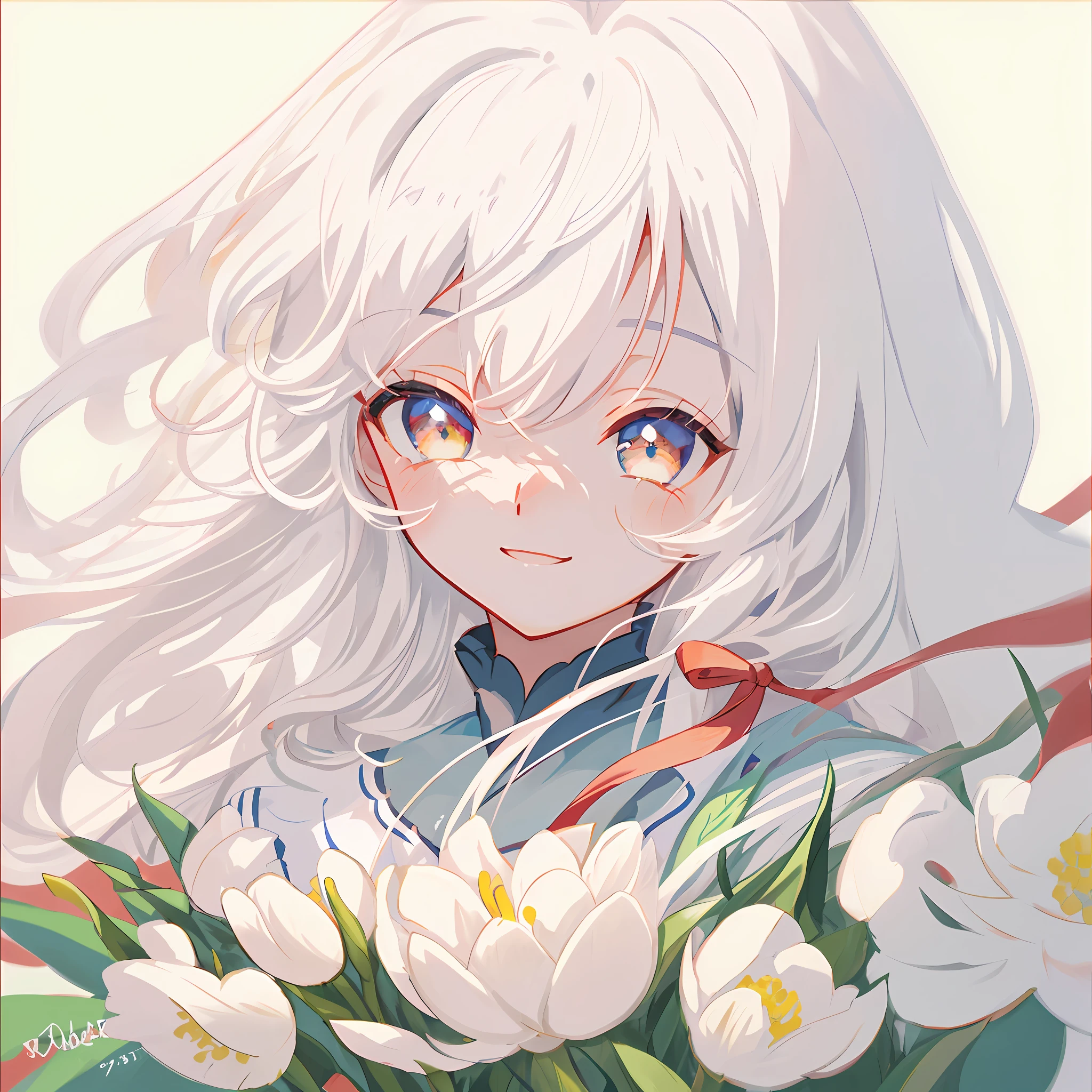 blue hair, golden eyes, anime, ghibli, anime style, close up, from side, first-person perspective, 8k, super detail, masterpiece, super detail, high quality, high resolution, high detail, white background, face detail, happiness, curly hair, hydrangea in hand,