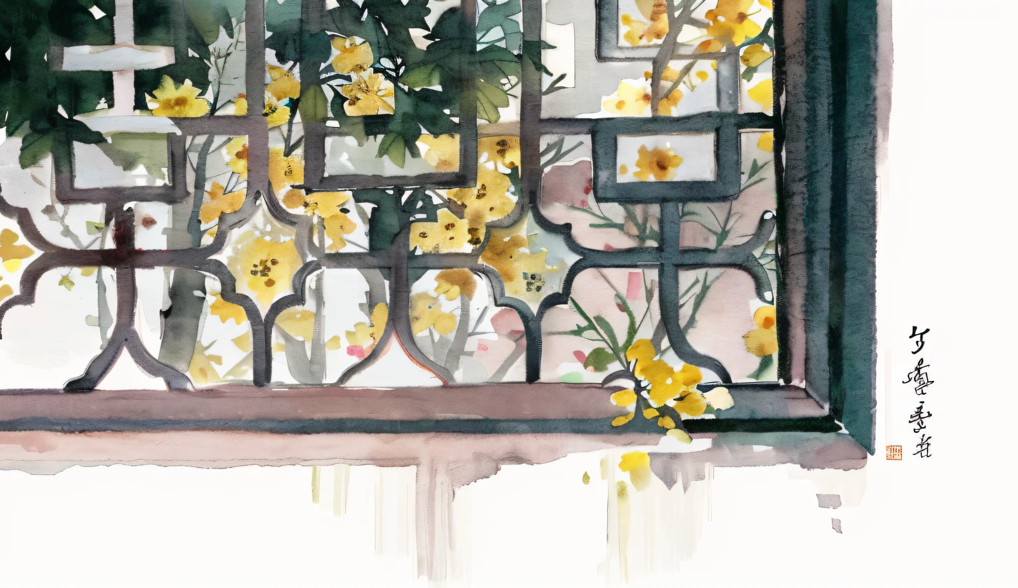 There is a painting,There is a yellow flower in the window, with yellow flowers around it, architectural painting, detailed watercolour, author:Liang Kai, author:Li Zai, inspired by Wen Zhengming, Beautiful composition, Chinese style painting, Chinese watercolor style, by Ye Xin, inspired by Xie Shichen, Chinese painting style, chengwei pan,There are also small red flowers on the window edge,Green grass,watercolor paiting,aquarelle