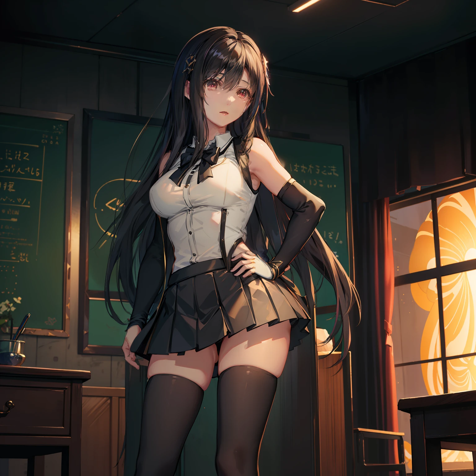 Pretty girl standing, thin legs, high heels on the ground, classroom, (masterpiece:1.3), (8k, photorealistic, RAW photo, best quality: 1.4), (1girl), beautiful face, (realistic face), black hair, long hair, beautiful hairstyle, realistic eyes, pretty detailed eyes, realistic skin, beautiful skin, super high resolution, super realistic, very detailed, golden ratio, cute, cute female teacher, high school girl in jk uniform, surreal high school girl, short skirt, tight skirt, pantyhose, black stockings, full body view, thin arms, big breasts