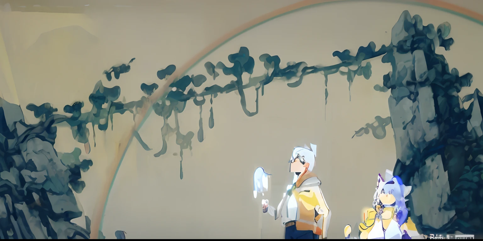 Two people stand in front of a rainbow painting, ginko showing a new mushi, screenshot from the anime film, Screenshot from Huluwa anime, video game screenshot>, screenshot from a 2012s anime, animated movie still, style in ghibli anime, cinematics, animation still screencap, game screenshot, animated still