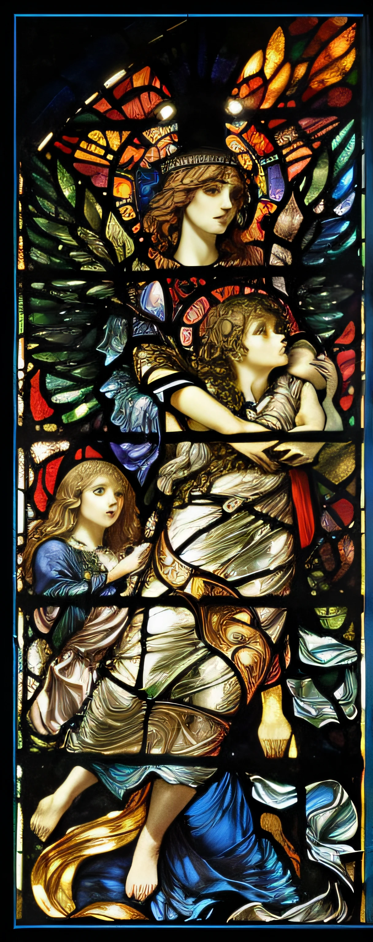 a closeup of a stained glass window with a woman holding a , inspirado em Edward Burne-Jones, inspirado em Evelyn De Morgan, Directed by: Evelyn De Morgan, Directed by: Edward Burne-Jones, Eduardo Burne Jones, por Louis Comfort Tiffany, em um vitral, inspirado em William Blake Richmond, asas de vitrais, inspirado em John Linnell, angels protecting a praying man