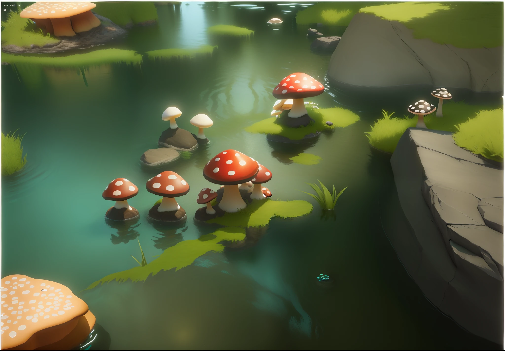 There are many mushrooms in the water near the rocks, stylized as a 3d render, stylized 3d render, Stylized concept art, rendered in unrealengine, 3 d render stylized, rendered in unrealengine, Stylized game art, Unreal Engine renders concept art, rendered in unity 3 d, 3 d stylize scene