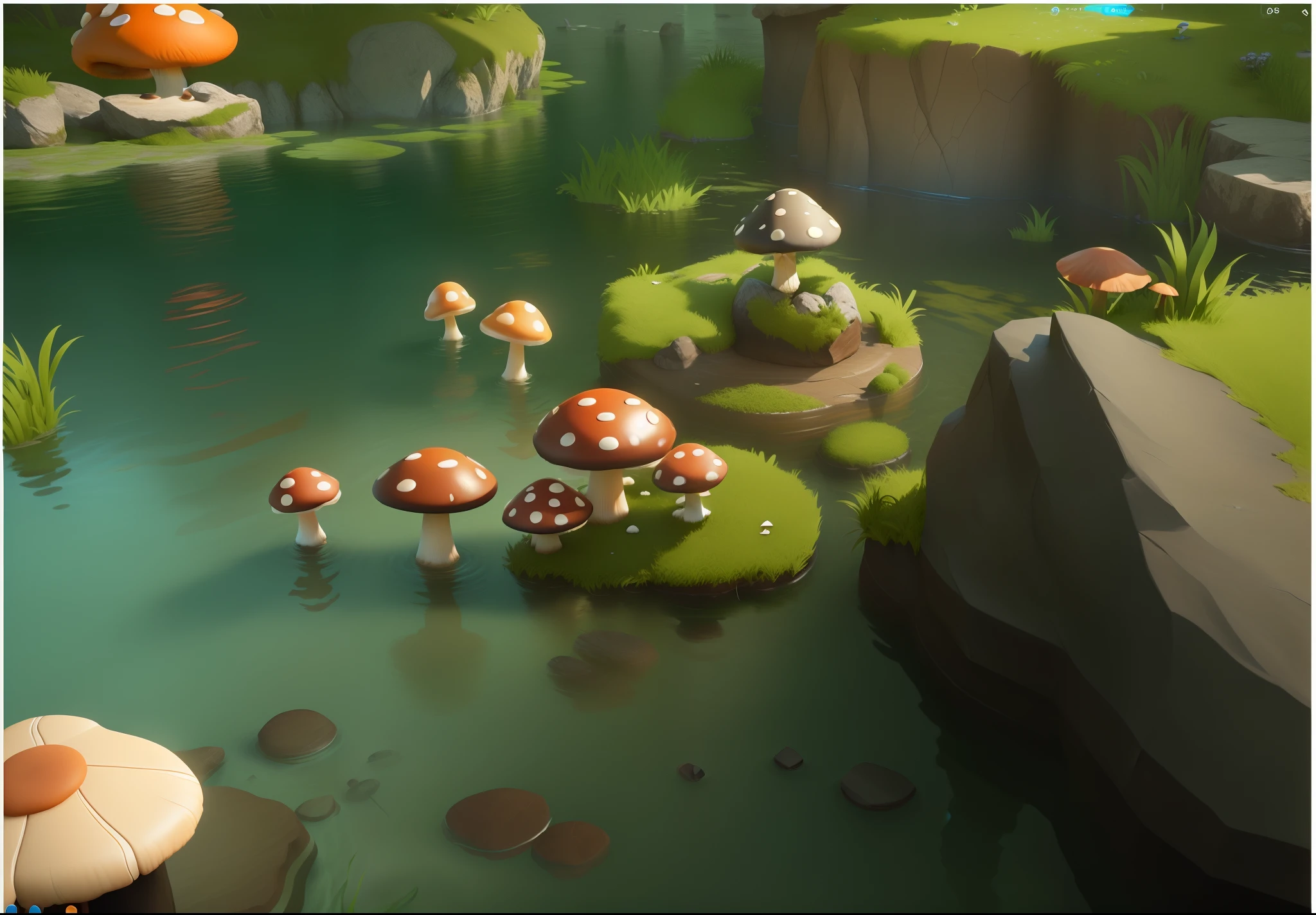 There are many mushrooms in the water near the rocks, stylized as a 3d render, stylized 3d render, Stylized concept art, rendered in unrealengine, 3 d render stylized, rendered in unrealengine, Stylized game art, Unreal Engine renders concept art, rendered in unity 3 d, 3 d stylize scene