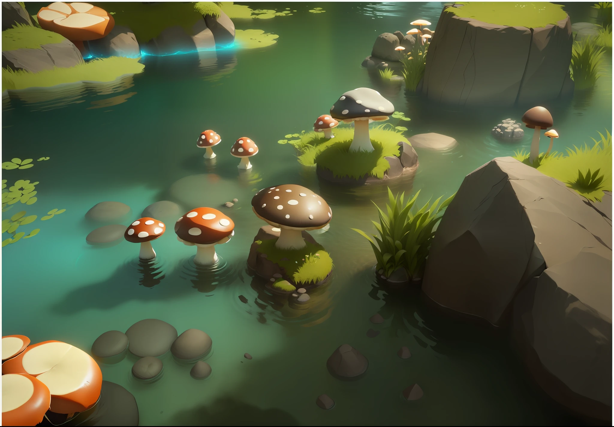 There are many mushrooms in the water near the rocks, stylized as a 3d render, stylized 3d render, Stylized concept art, rendered in unrealengine, 3 d render stylized, rendered in unrealengine, Stylized game art, Unreal Engine renders concept art, rendered in unity 3 d, 3 d stylize scene