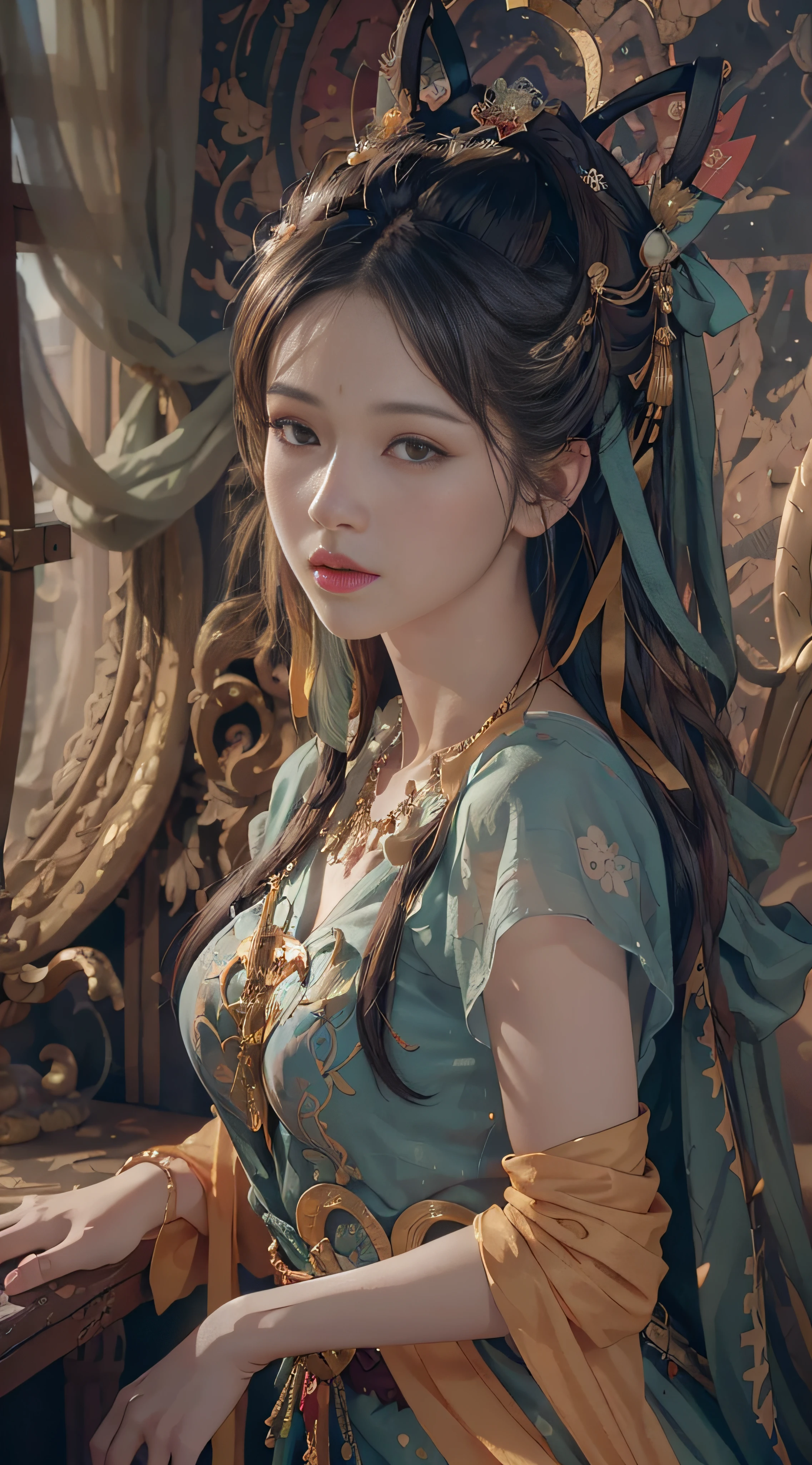 (RAW photo, best quality), (realistic, photo-realistic:1.3),best quality,highly detailed,masterpiece,ultra-detailed,illustration,1girl,upper_body,dynamic angle,world masterpiece theater,messy_long_hair,best quality,extremely detailed CG unity 8k wallpaper,ink,Amazing,cinematic lighting,lens_flare,,dunhuang_style