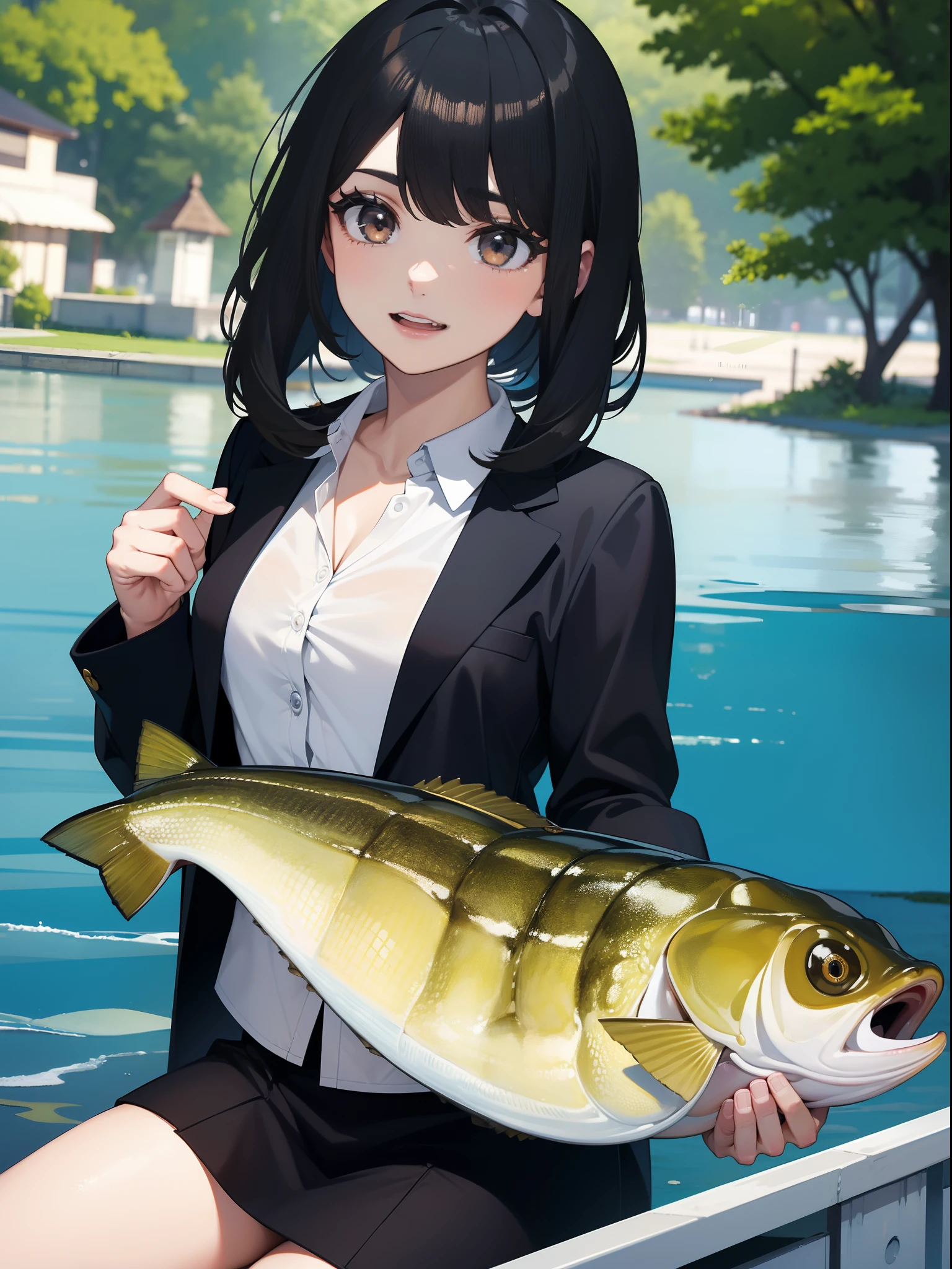 ((((Catching a large mouth bass by the lake)))),((Best quality, Masterpiece :1.3)),hight resolution,ultra-detailliert,Official art,Beauty and aesthetics,masterpiece,best qualtiy,ighly detailed,1 japanese girl,black hair, long eye-lashes, solid circle eyes, laughing, drop shadow, atmospheric perspective,super detail, ccurate, best quality, small breasts,black jacket,