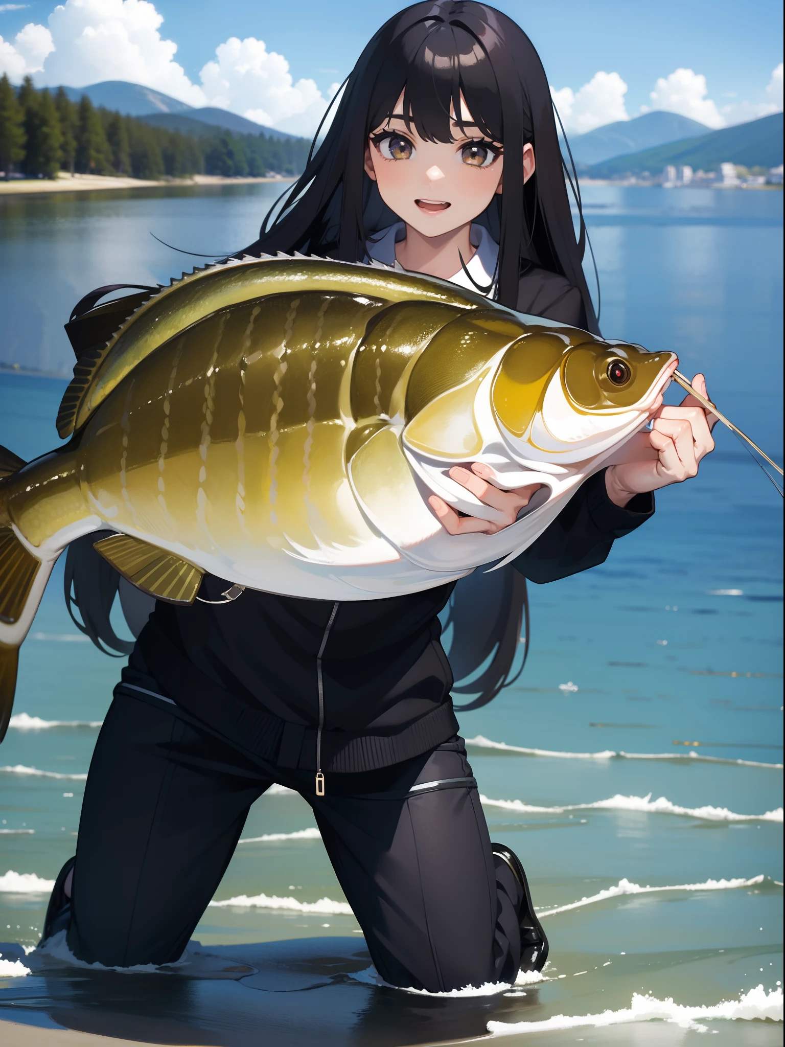 ((((Catching a large mouth bass by the lake)))),((Best quality, Masterpiece :1.3)),hight resolution,ultra-detailliert,Official art,Beauty and aesthetics,masterpiece,best qualtiy,ighly detailed,1 japanese girl,black hair, long eye-lashes, solid circle eyes, laughing, drop shadow, atmospheric perspective,super detail, ccurate, best quality, small breasts,black jacket,