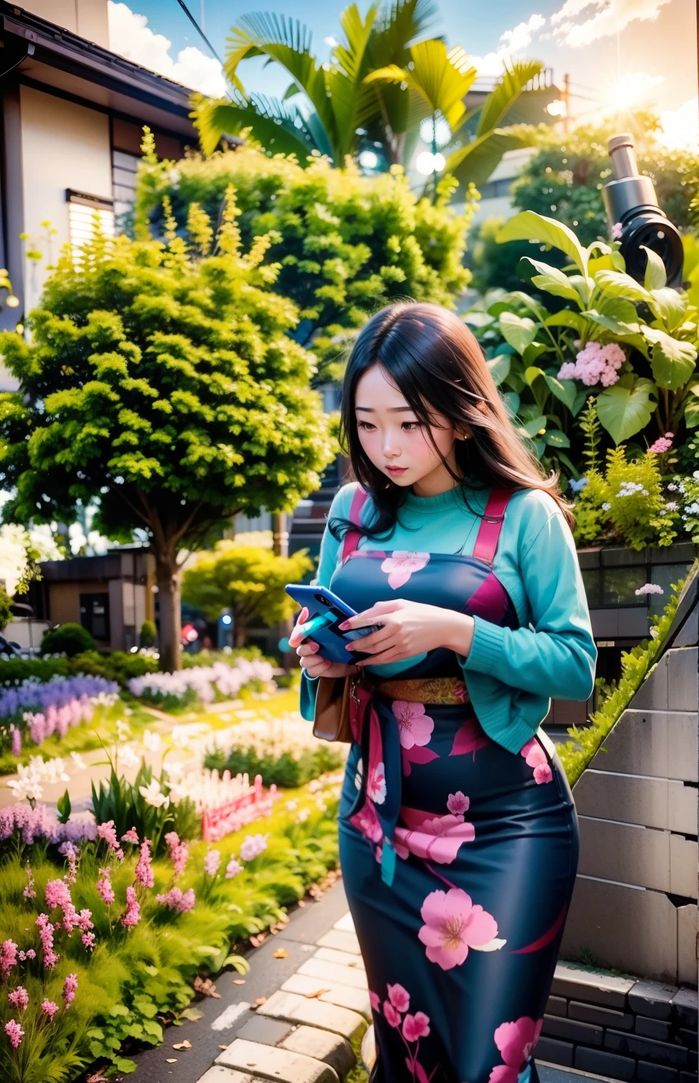 A pretty girl looking at phone screen in the C streets of Japan