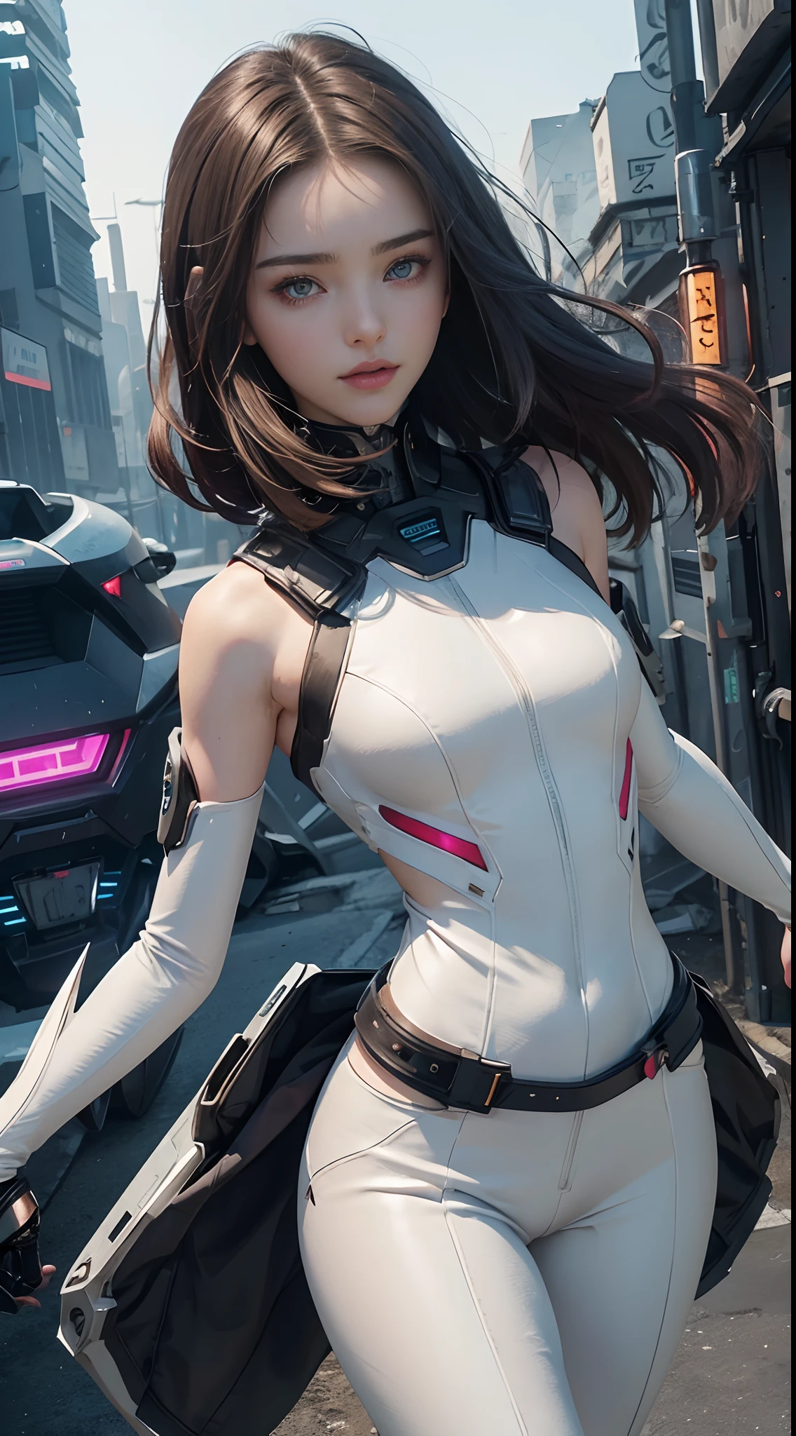 (Cate: female cyberpunk anime girl, Similar to Miranda Kerr & A perfect face & White cyberpunk dress & Full armor with pants & Ultra detailed hazel eyes & Tall & Slender & Pale skin & Dark brown hair cascading down to your shoulders & Small bust & Clock figure of sand, perfect hand)),| She Is Running On The Rooftops, Dynamic Poses, Background Futuristic Night City,|
