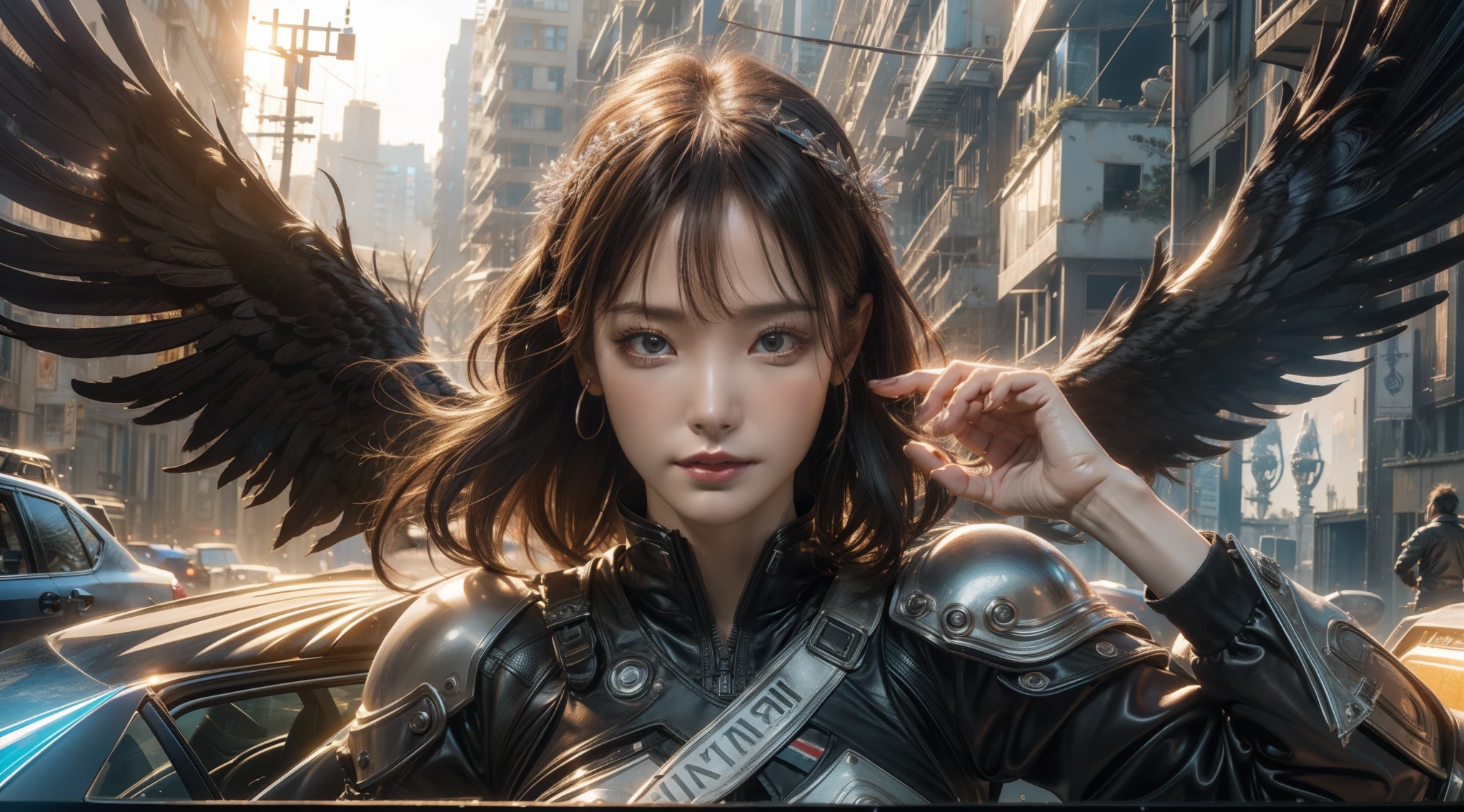 ((best qualtiy)), ((tmasterpiece)), ((Realistis)), (A detailed), (realisticlying:1.5),illusory engine, (High detail: 1.9),(femele:1.4),(big breasts beautiful: 1.4),(carismatic:1.3), (Large breasts), Female angel,Black feathered wings,beuaty girl,beauitful face, looking at viewert, dynamicposes, postapocalyptic, Destroyed city background, scientific fiction, hdr, Ray traching, NVIDIA RTX, Hyper-Resolution, Unreal 5, sub surface scattering, PBR textures, Post-processing, Anisotropic filtering, depth of fields, Maximum clarity and sharpness, trichotomy,8K original,(Luminous Particle:1.4),(VerydetailedCG,Unity 8k壁纸,cinmatic lighting,lens flare glow),Reflectors,Sharp focus,black toga