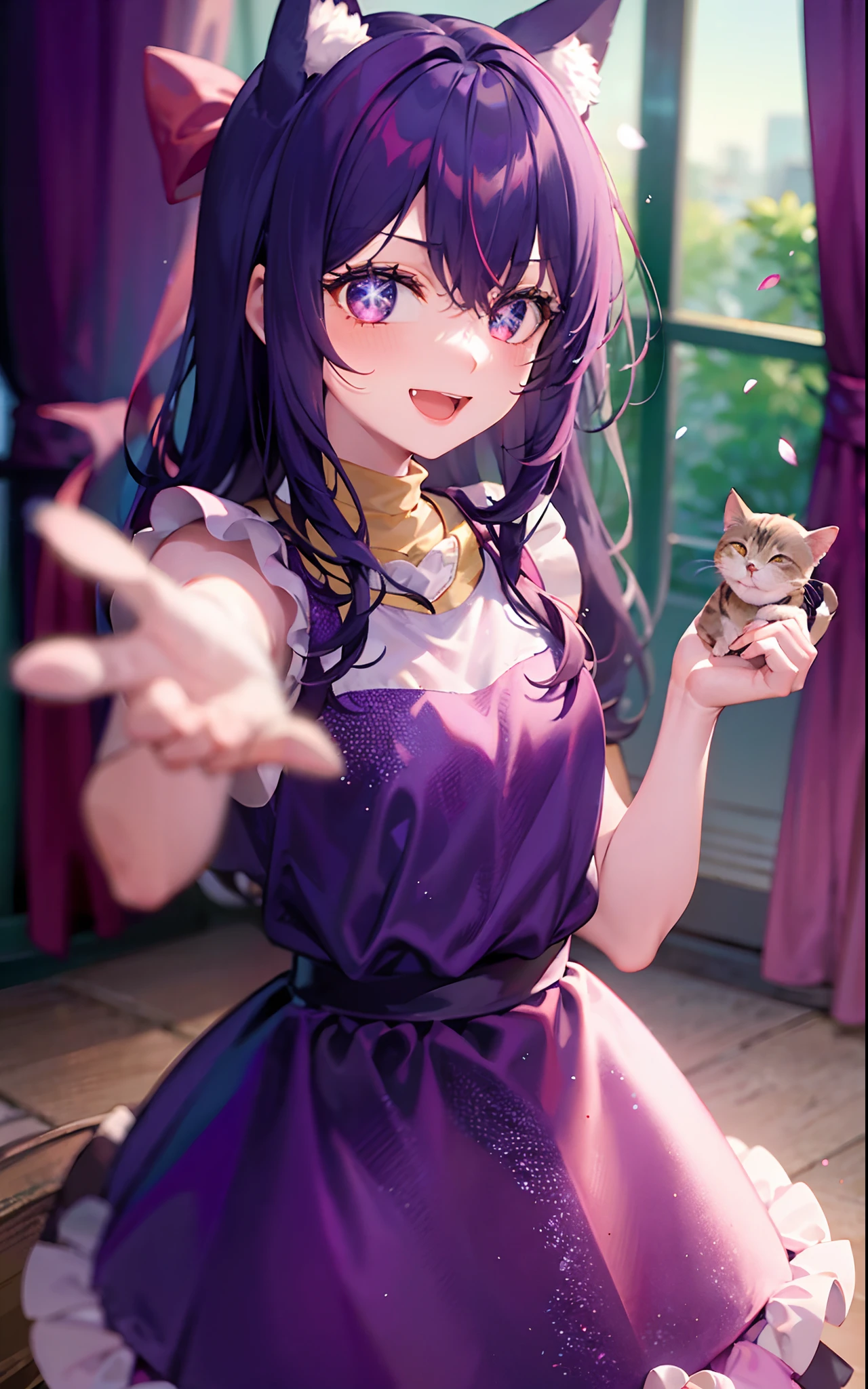1girll,((There is a five-pointed star in the eye))sobu,Gorgeous Hair in Long Purple,Smile,Open mouth,the maid outfit,Blushlush,cat ear,sofe,(Holding 1 cat),