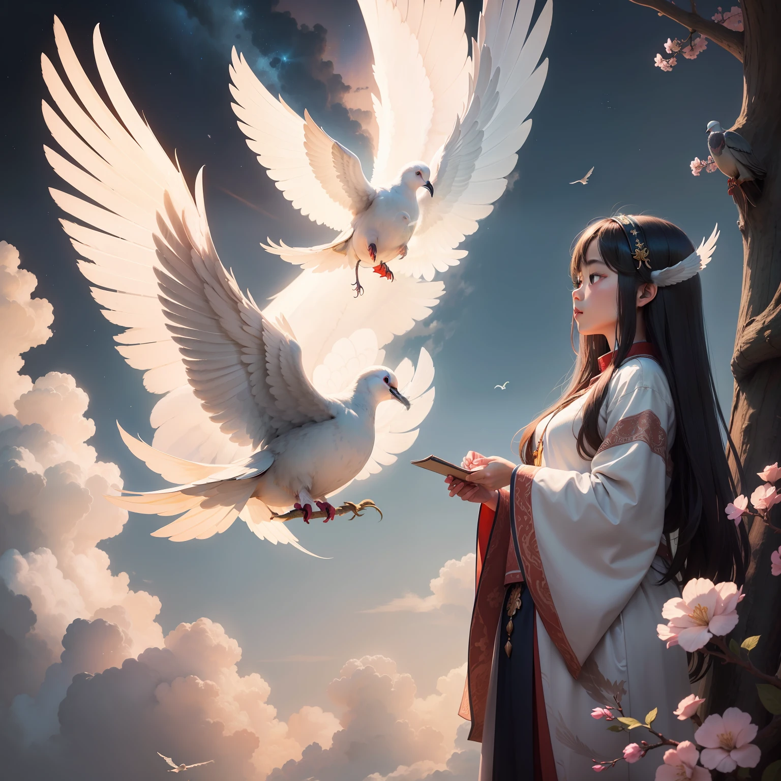 A divine dove flying in the celestial sky, carrying a tree branch, above a beatiful Asian girl, awating inspiration, awating her Muse.