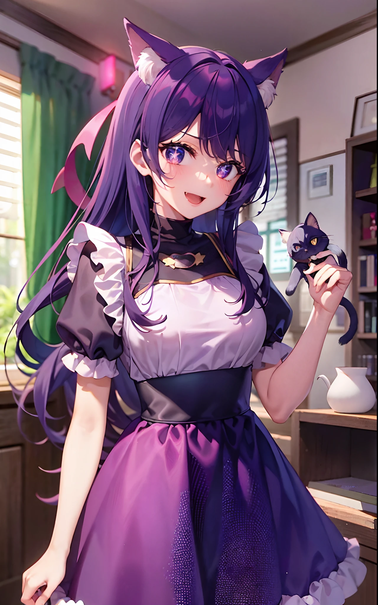 1girll，（（There is a five-pointed star in the eye））sobu，Gorgeous Hair in Long Purple，Smile，Open mouth，the maid outfit，Blushlush，cat ear，sofe，（Holding 1 cat），