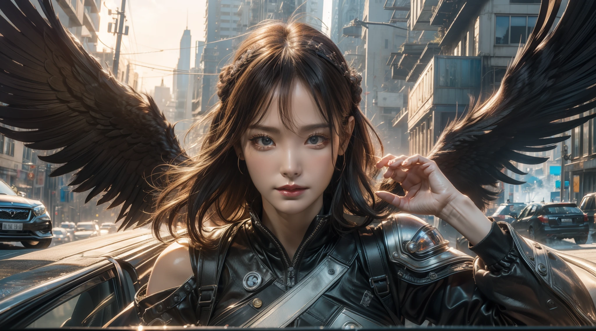 ((best qualtiy)), ((tmasterpiece)), ((Realistis)), (A detailed), (realisticlying:1.5),illusory engine, (High detail: 1.9),(femele:1.4),(big breasts beautiful: 1.4),(carismatic:1.3), (Large breasts), Female angel,Black feathered wings,beuaty girl,beauitful face, looking at viewert, dynamicposes, postapocalyptic, Destroyed city background, scientific fiction, hdr, Ray traching, NVIDIA RTX, Hyper-Resolution, Unreal 5, sub surface scattering, PBR textures, Post-processing, Anisotropic filtering, depth of fields, Maximum clarity and sharpness, trichotomy,8K original,(Luminous Particle:1.4),(VerydetailedCG,Unity 8k壁纸,cinmatic lighting,lens flare glow),Reflectors,Sharp focus,black toga