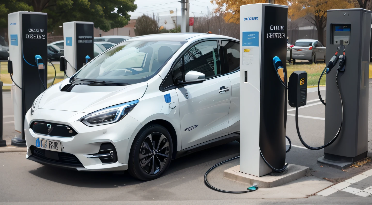 Electric car charging at the charging station - charging plug - alternative energy