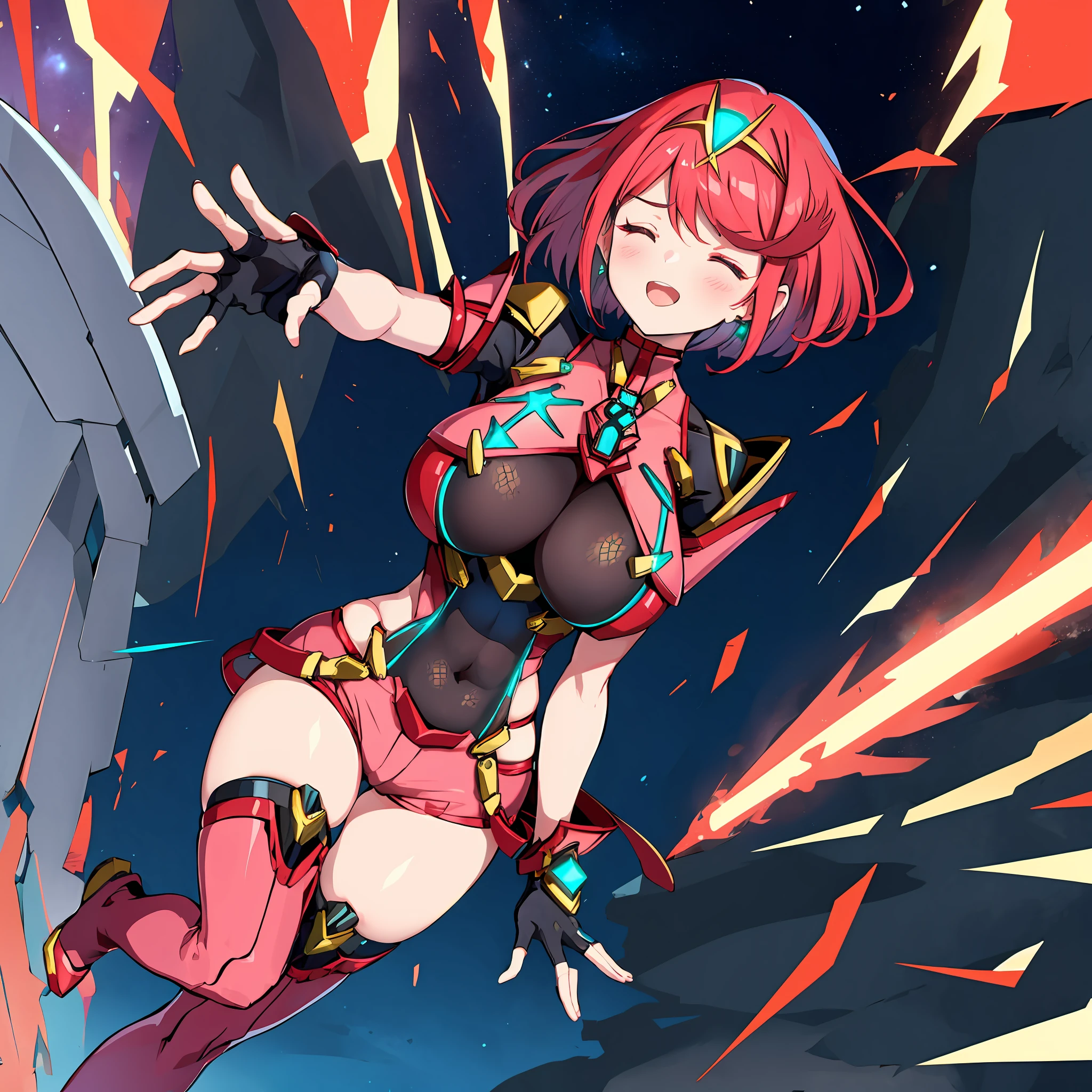 pyra \(xenoblade\), teen_1girl, armor, bangs, black gloves, breasts, red eyes, closed mouth, earrings, eyelashes, fingerless gloves, floating hair, framed breasts, gem, gloves, hair ornament, headpiece, jewelry, big_breasts, leaning back, leotard, neon trim, official art, pose, red hair, red shorts, saitou masatsugu, short hair, short shorts, short sleeves, shorts, sidelocks, skin tight, solo, standing, swept bangs, thighhighs, tiara, night_prairie_background, turtleneck, underbust, vambraces, xenoblade chronicles \(series\), (xenoblade chronicles 2), apart_legs, fire_effect,dynamic_pose_fighting,light_smile, (plump:1.1), big_ass,huge_sword, hold_large_sword_hilt, solo, covered_nipples, covered_pussy,open_mouth,closed_eyes,