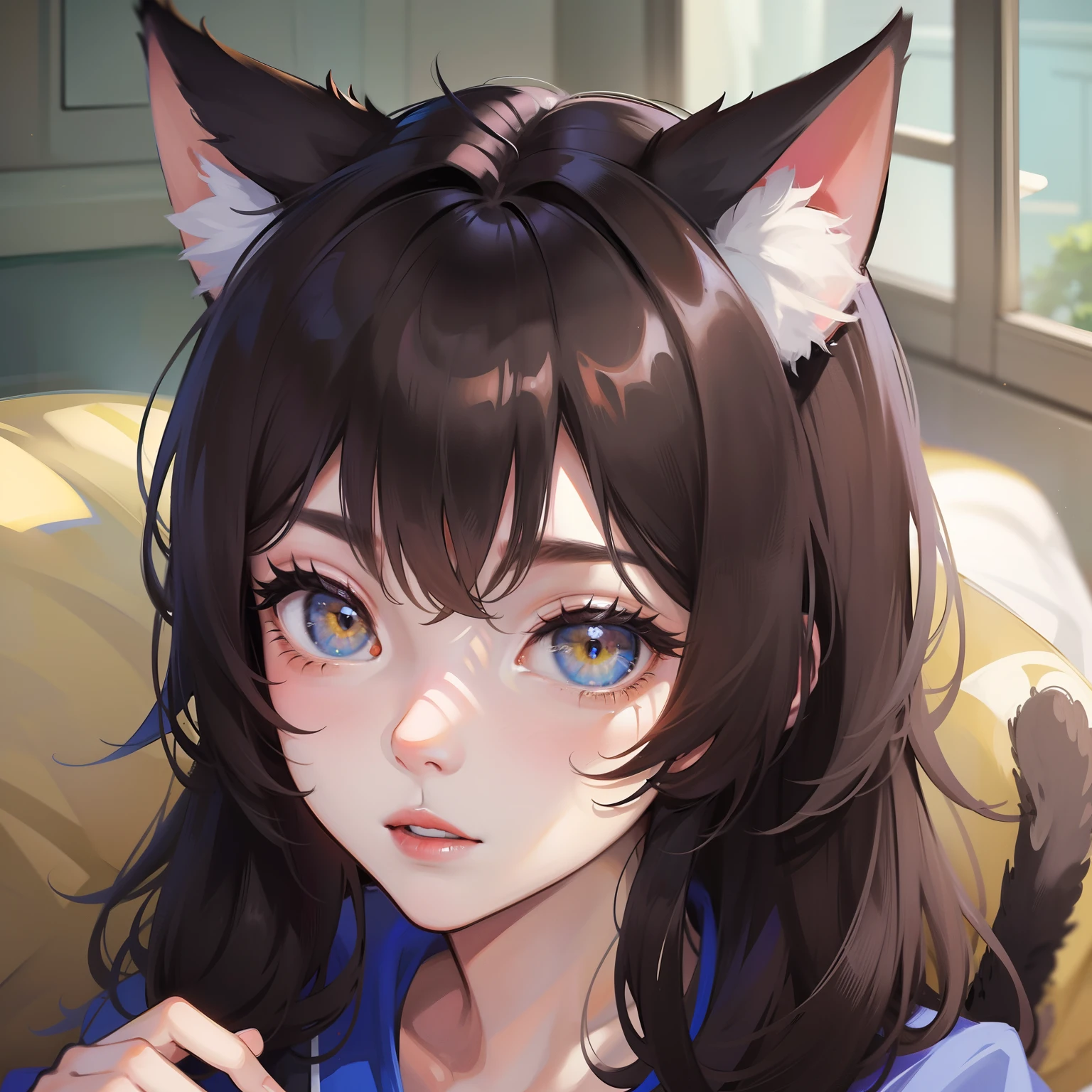 A boy,Cat ears,a cat tail,adolable,Look to the lens,facial closeups,simple backgound