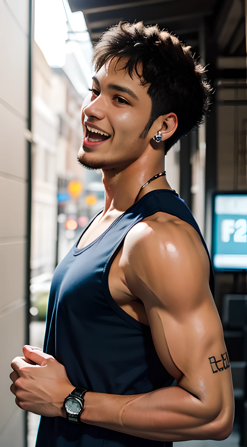 ((Men only)), (head shot), (face only), (tanned black handsome muscular man in his 20s), (Neymar), (Laughing with a big, open mouth), (tank top), blue hair, (detaile: 1 in 1), Natural muscles, HIG quality, beautidful eyes, (Detailed face and eyes), (Face、: 1 / 2), Noise, Real Photographics、... ................................................................................................................PSD, Sharp Focus, High resolution 8K, realisitic & Professional Photography, 8K UHD, Soft lighting, High quality, Film grain, FujifilmXT3