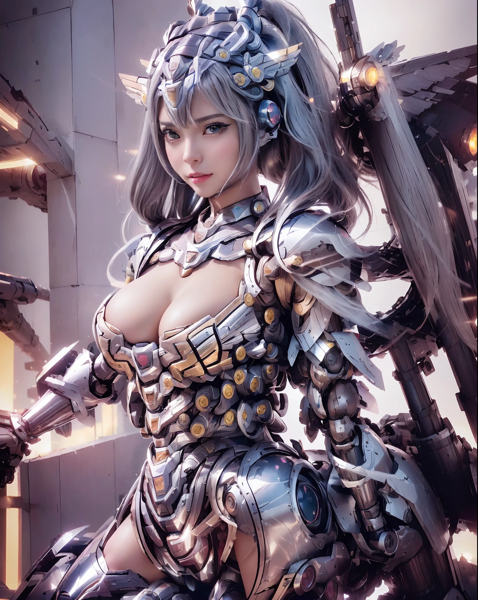 NSFW,(masutepiece, Best Quality, Raw photo), Solo, One Japan Idol, (Detailed skin), Shiny skin, Detailed face, (Detailed eyes), Shining eyes, Glossy lips,(look at viewr:1.5), (Large breasts:1.0), (cleavage of the breast:1.5), (Clear perineal shape:1.5), Smile affectionately, (Photos of her from head to knee), cinematic shadow:, (Highly detailed background), Combat with giant space battleships:2.0, (mechanized valkyrie girl:1.5), as a mystical valkyrie, mystical atlantean valkyrie, Girl in Mecha Cyber Armor:1.5, mystical valkyrie, cgsociety and fenghua zhong, angel knight girl, beautiful cyborg angel girl:2.0, chengwei pan on artstation