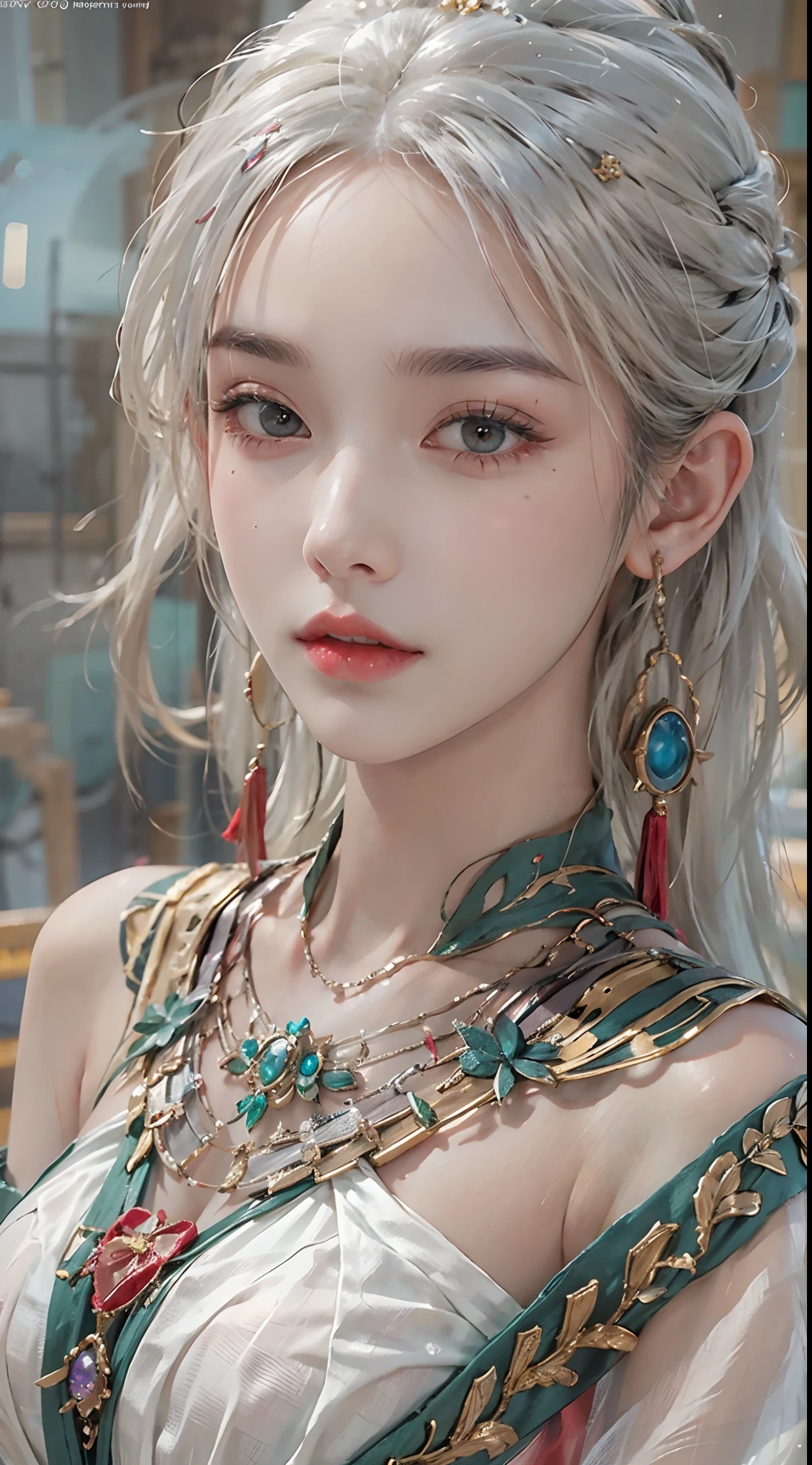 photorealistic, high resolution, 1women, solo, hips up, look at viewer, (detailed face), white hair, dunhuang_dress, jewelry, tattoo