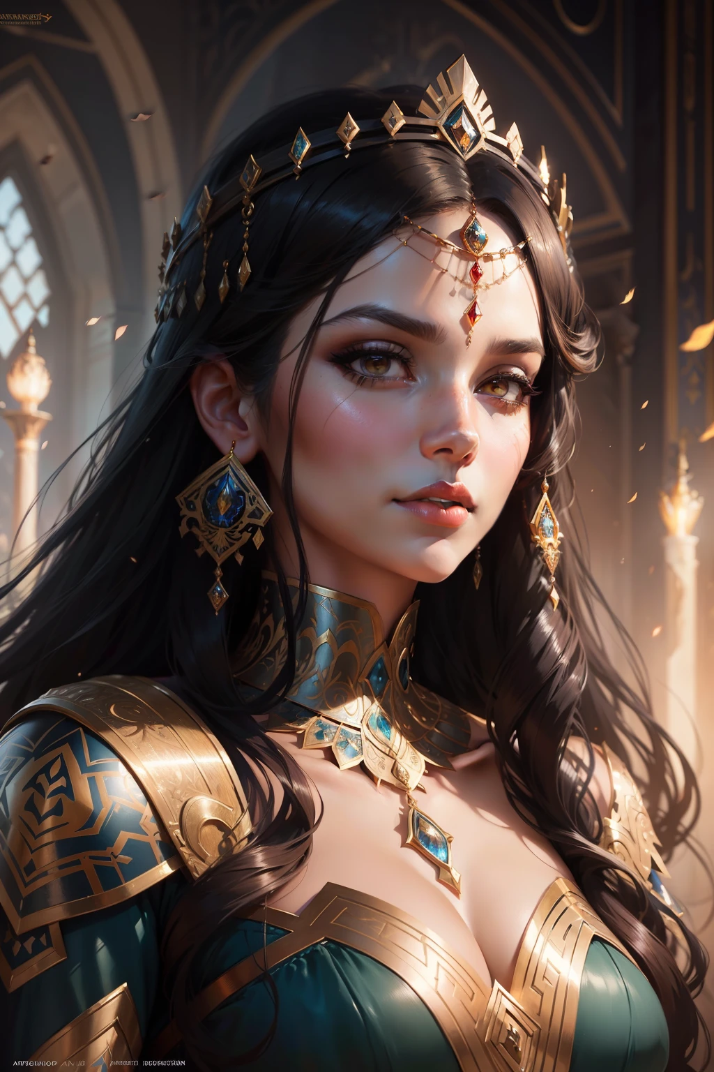 Beautiful portrait of an attractive persian princess who is a queen, beautiful princess, face painting, dramatic lighting, intricate, wild, highly detailed, digital painting, artstation, concept art, smooth, sharp focus, illustration, art by artgerm and greg rutkowski and alphonse mucha, footage from space camera